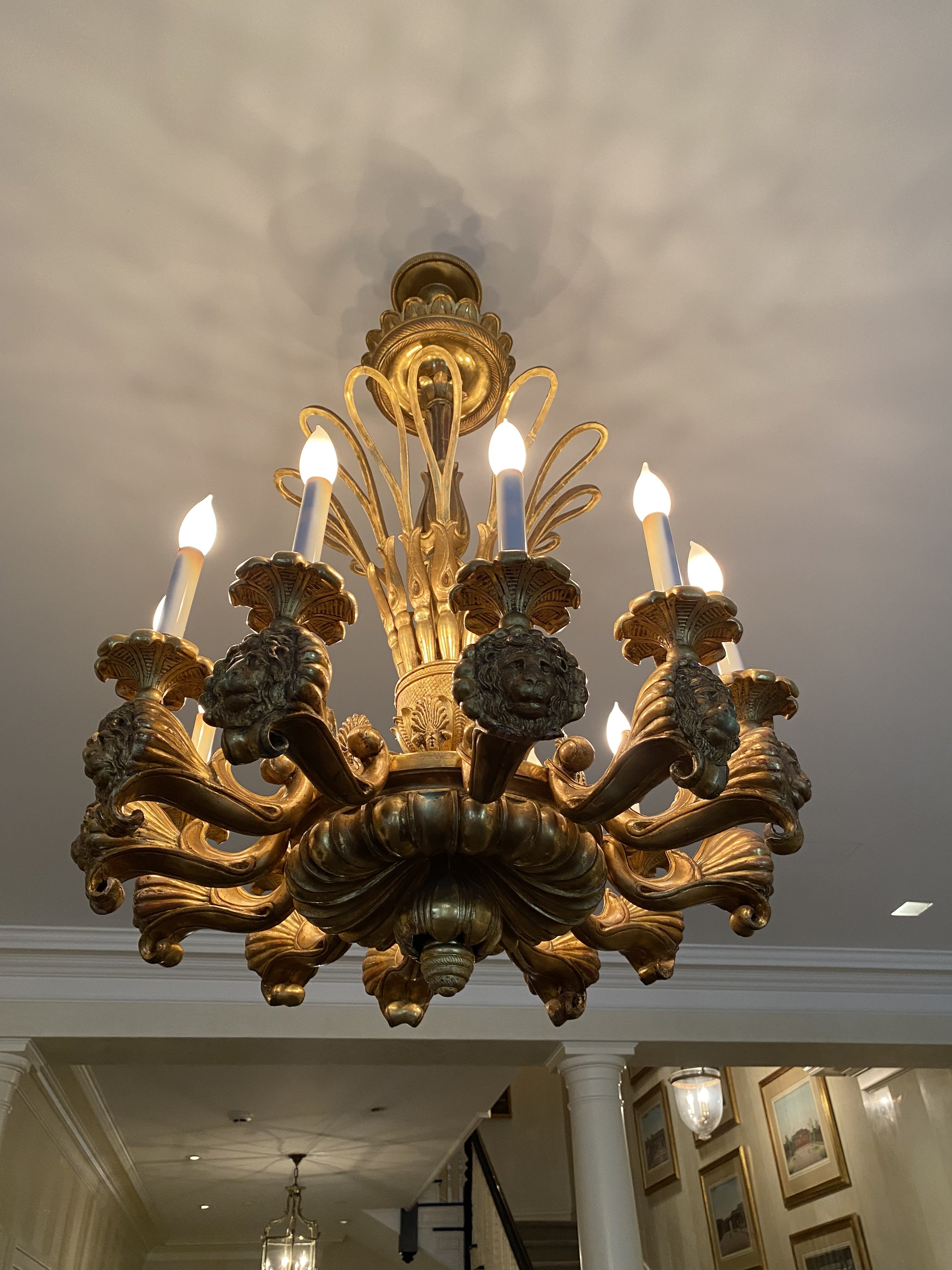 Austrian Neoclassical Giltwood 12 Light Chandelier, Early 19th Century
(28 inches diameter x 36 inches high)
Provenance: H.M. Luther, NY, 7/25/2008