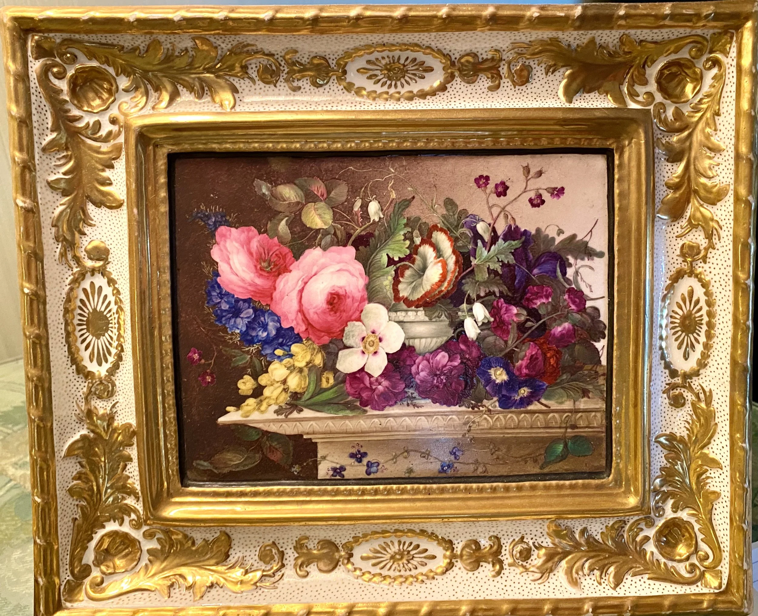One of a Pair of Well Painted Porcelain Floral Decorated Plaques and Frames, 19th Century