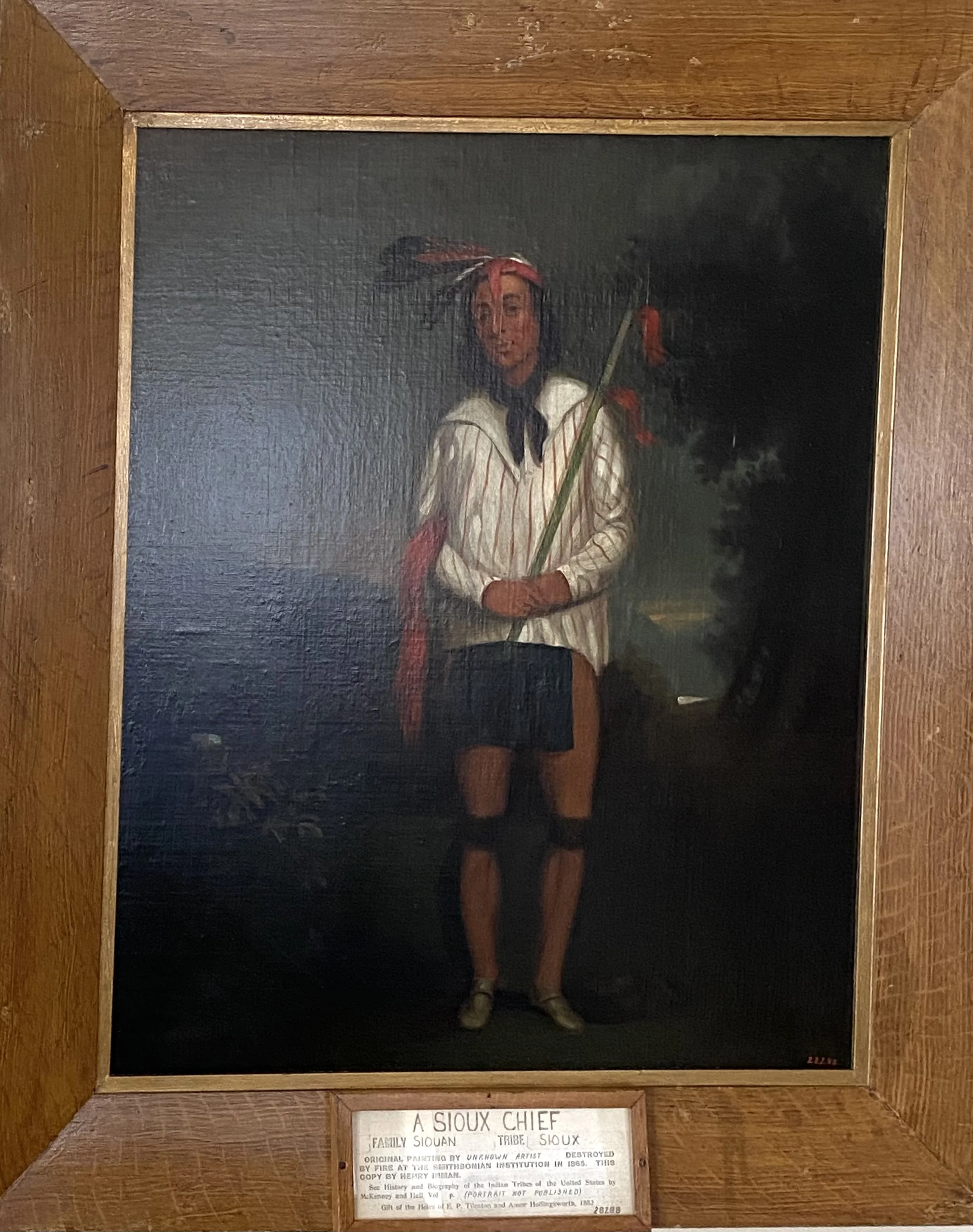 A SIOUX CHIEF
Oil on Canvas, 30 x 25 inches
After an original of unknown authorship destroyed by fire at The Smithsonian Institution,
Washington, DC, 1865
Ascribed to HENRY INMAN (1801 – 1846)
Numbered 28288 in red paint, lower right, recto.
Faux gra