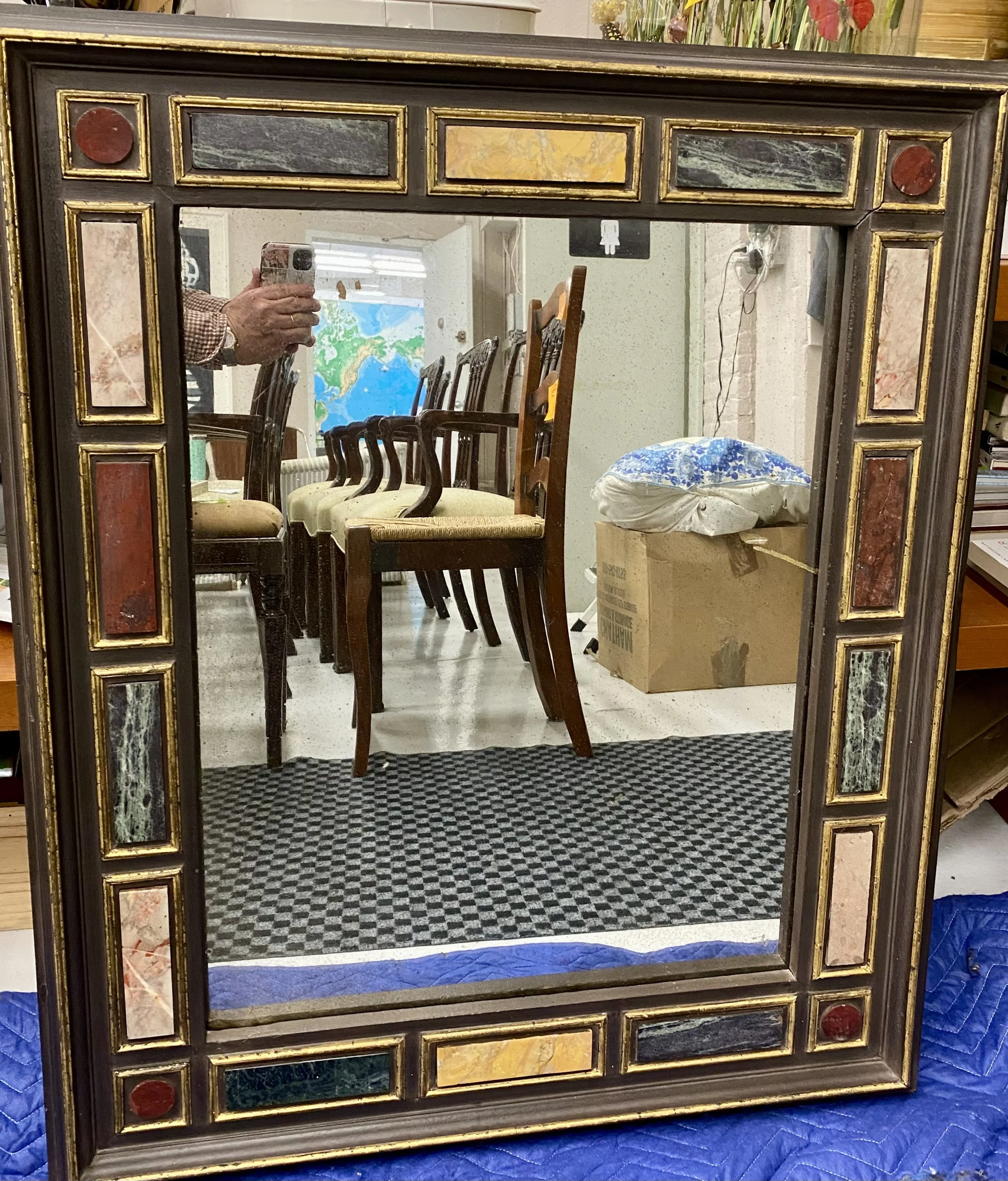 Baroque Style 19th Century Rectangular Mirror with Inset Polychrome Marble Border
Size: 37 inches high x 34 inches wide
Provenance: Florian Papp, NY, 10/30/2008 
