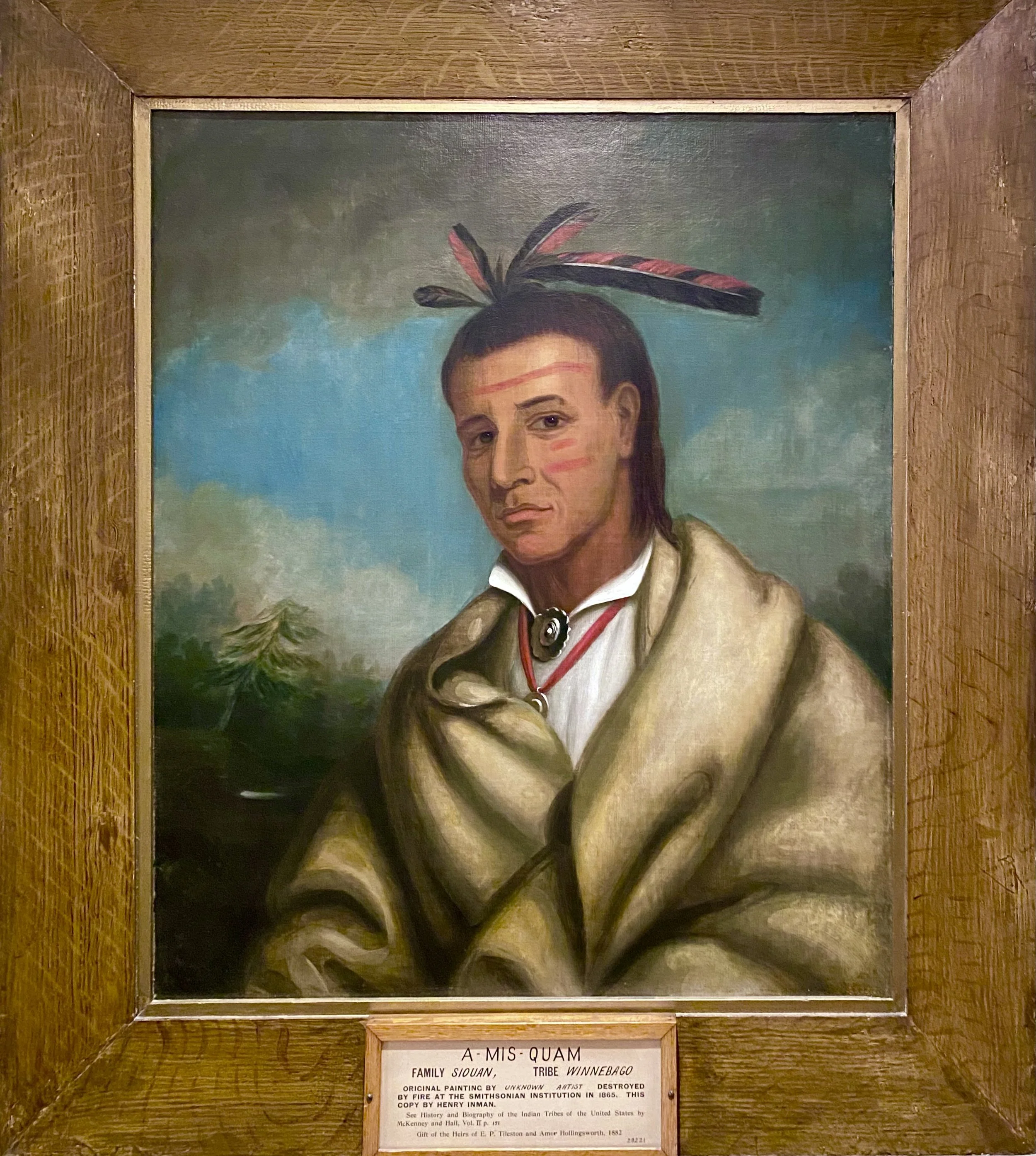 A-MIS-QUAM
Oil on Canvas, 30 x 25 inches
After an original of unknown authorship destroyed by fire at The Smithsonian Institution,
Washington, DC, 1865
Ascribed to HENRY INMAN (1801 – 1846)
Numbered 28221 in red paint, lower right, recto.
Faux grain 