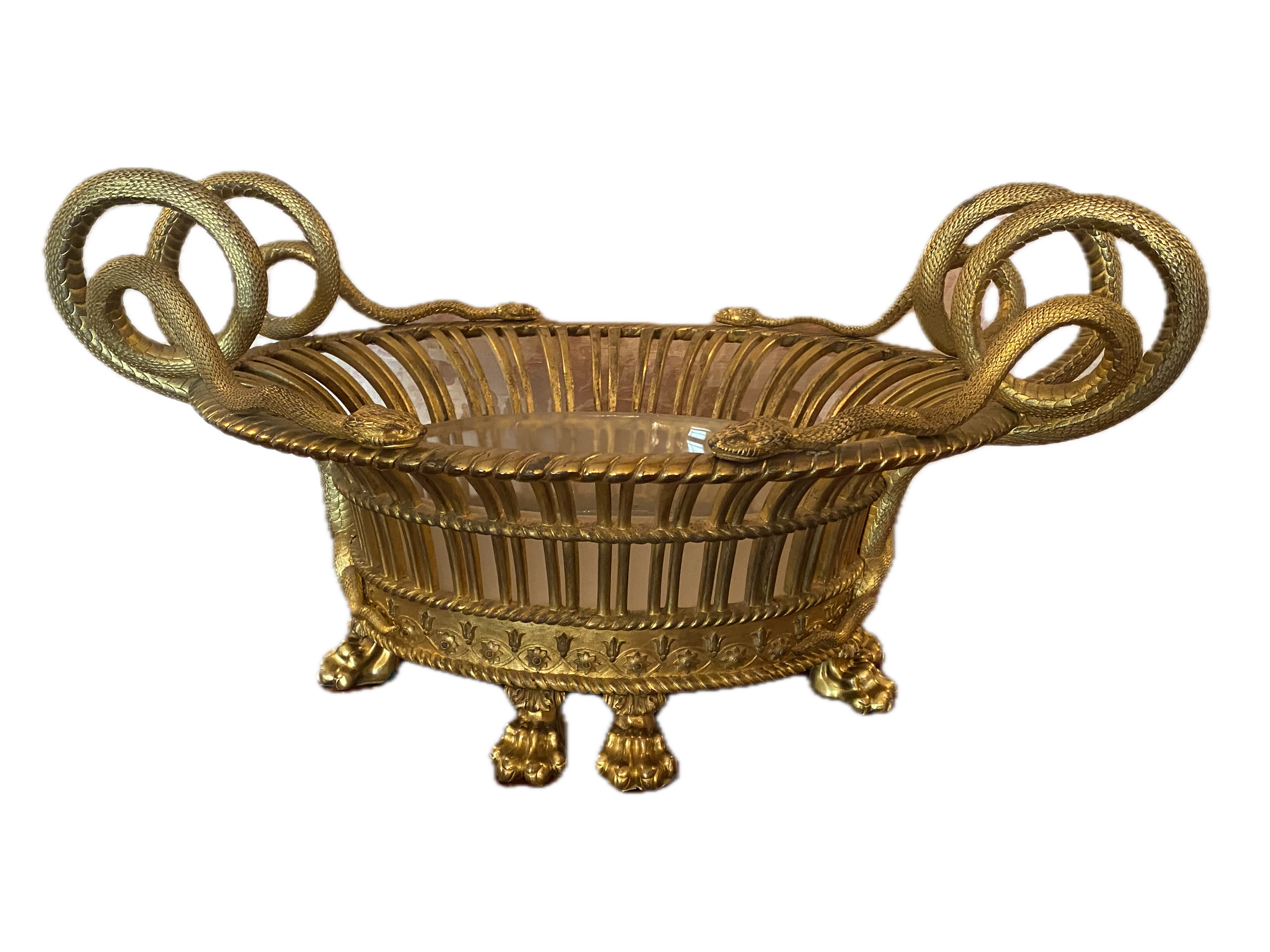 Mammoth Gilt Bronze Serpent Motif Centerpiece with Oval Etched Glass Liner, 19th Century (26 inches wide x 16 inches deep x 13 ½ inches high)