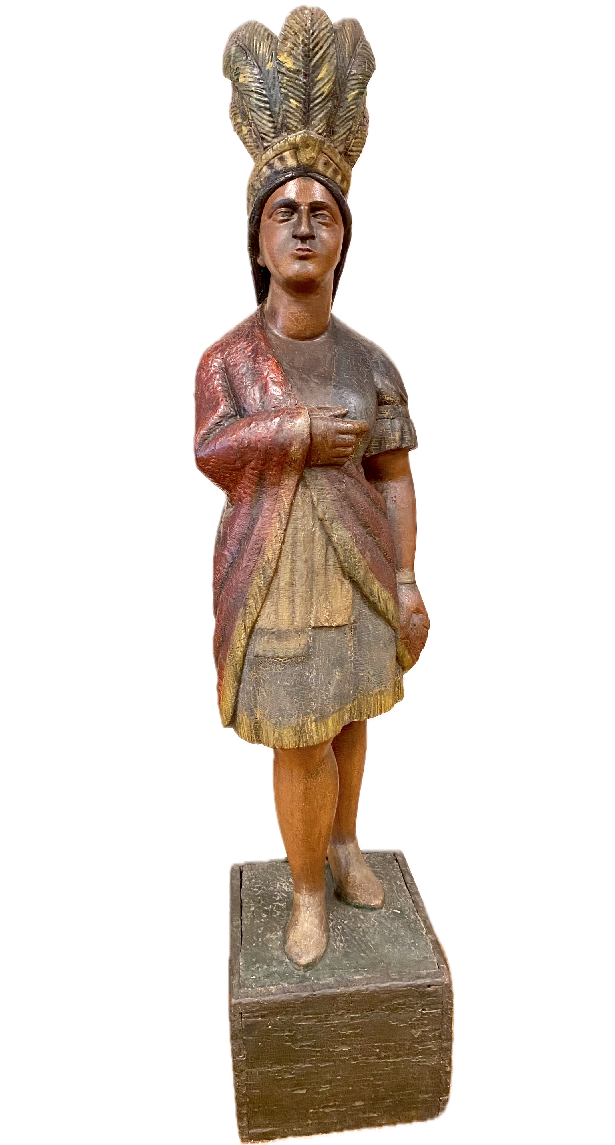 Fine American carved and polychromed wood figure of a Cigarstore Indian,
Attributed to Samuel Anderson Robb, NY, c. 1880;
On a square for wood base.
Height of figure: 60 Inches; Overall Height: 73 Inches
