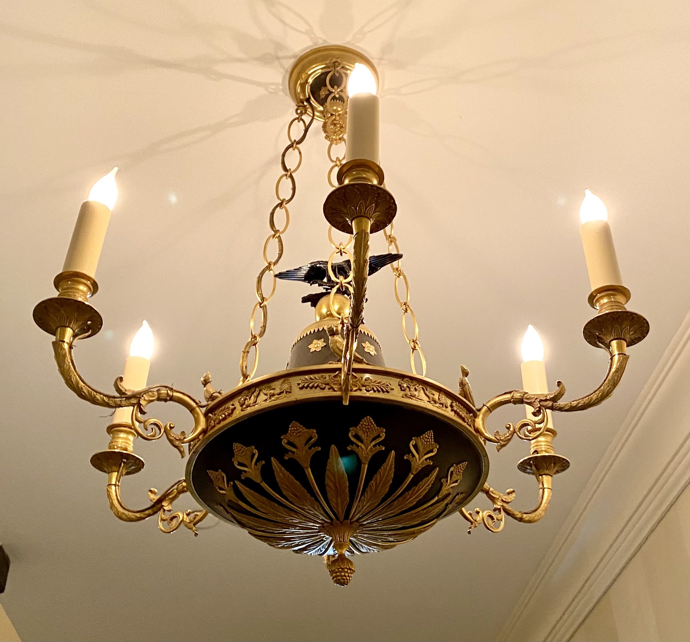 Empire Ormolu and Patinated Bronze Six Light Chandelier, c. 1805
(27 inches diameter x 29 ½ high)
Provenance: Ariane Dandois, Paris; The Collection of Emanuel Shemin,
Sotheby’s Lot 124, 11/20/07