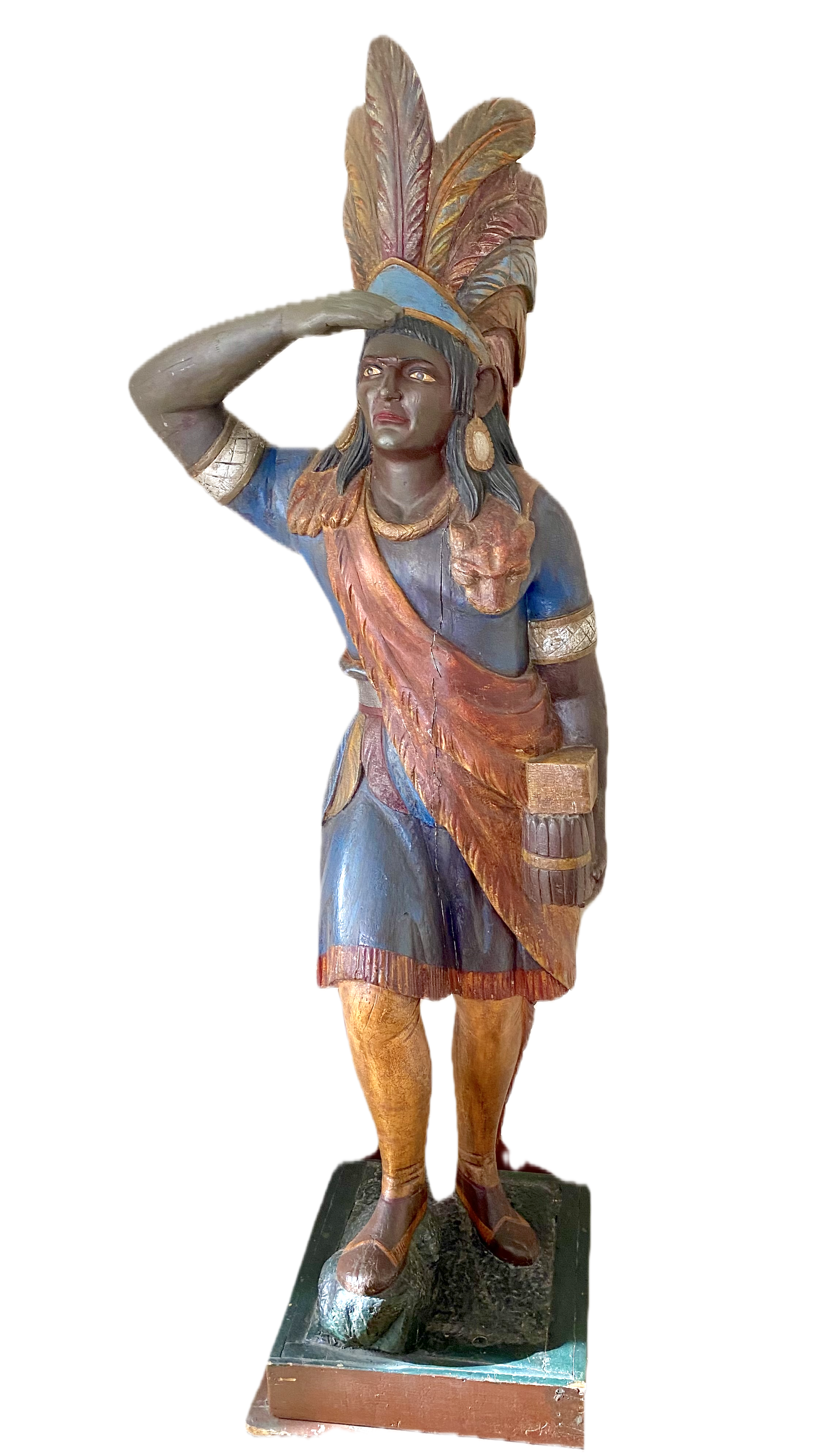 American carved and polychromed wood figure of a Cigarstore Indian, c. 1880;
The figure stands with right hand to the brow holding cigars in left hand, with original polychrome, set on a square form painted base further set on a later higher plateau.