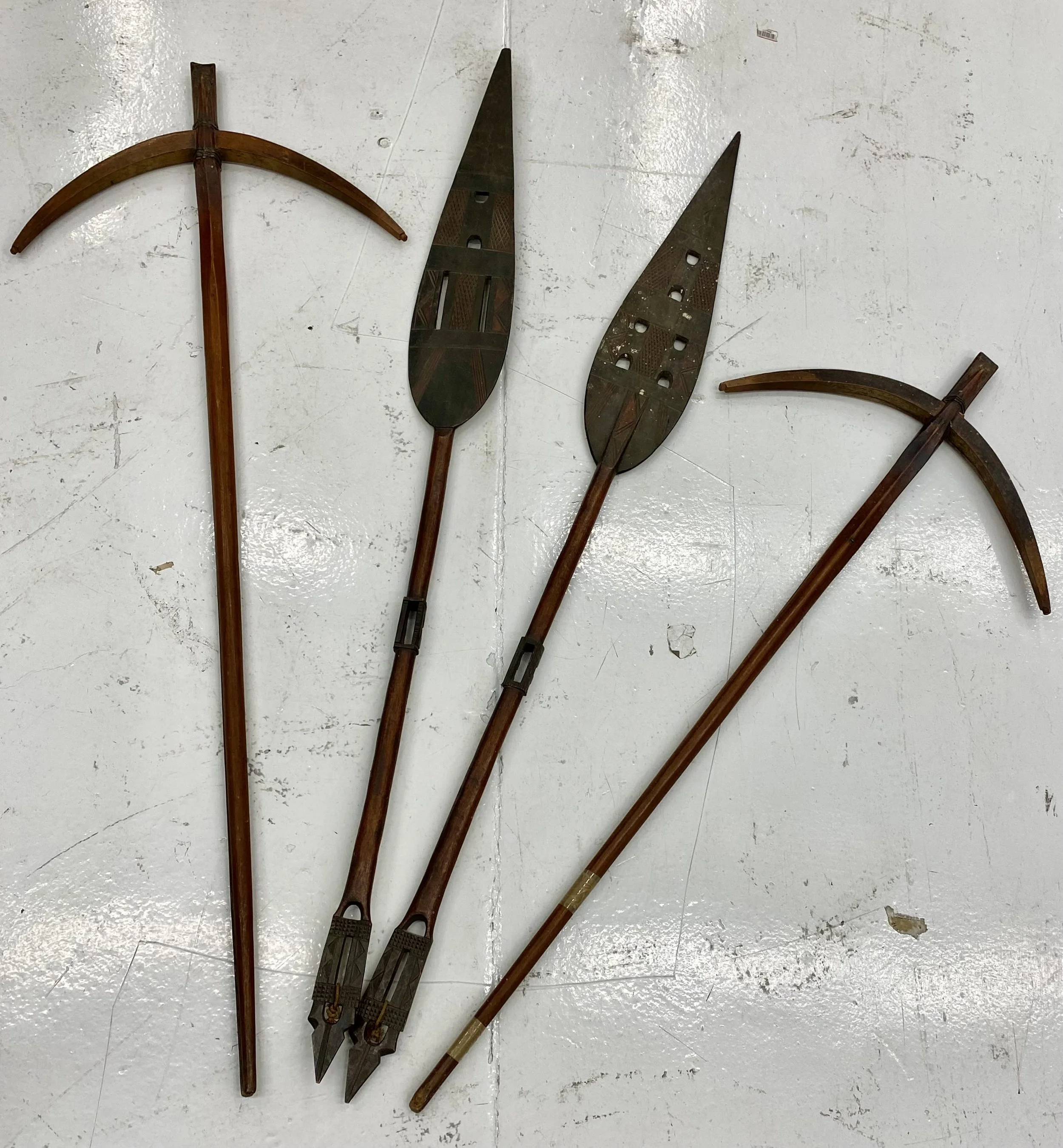 Grouping of Four (4) Wood Aboriginal Carvings, Stylized Arrow & Scythe Forms. 
Size: Each approximately 55 inches long
