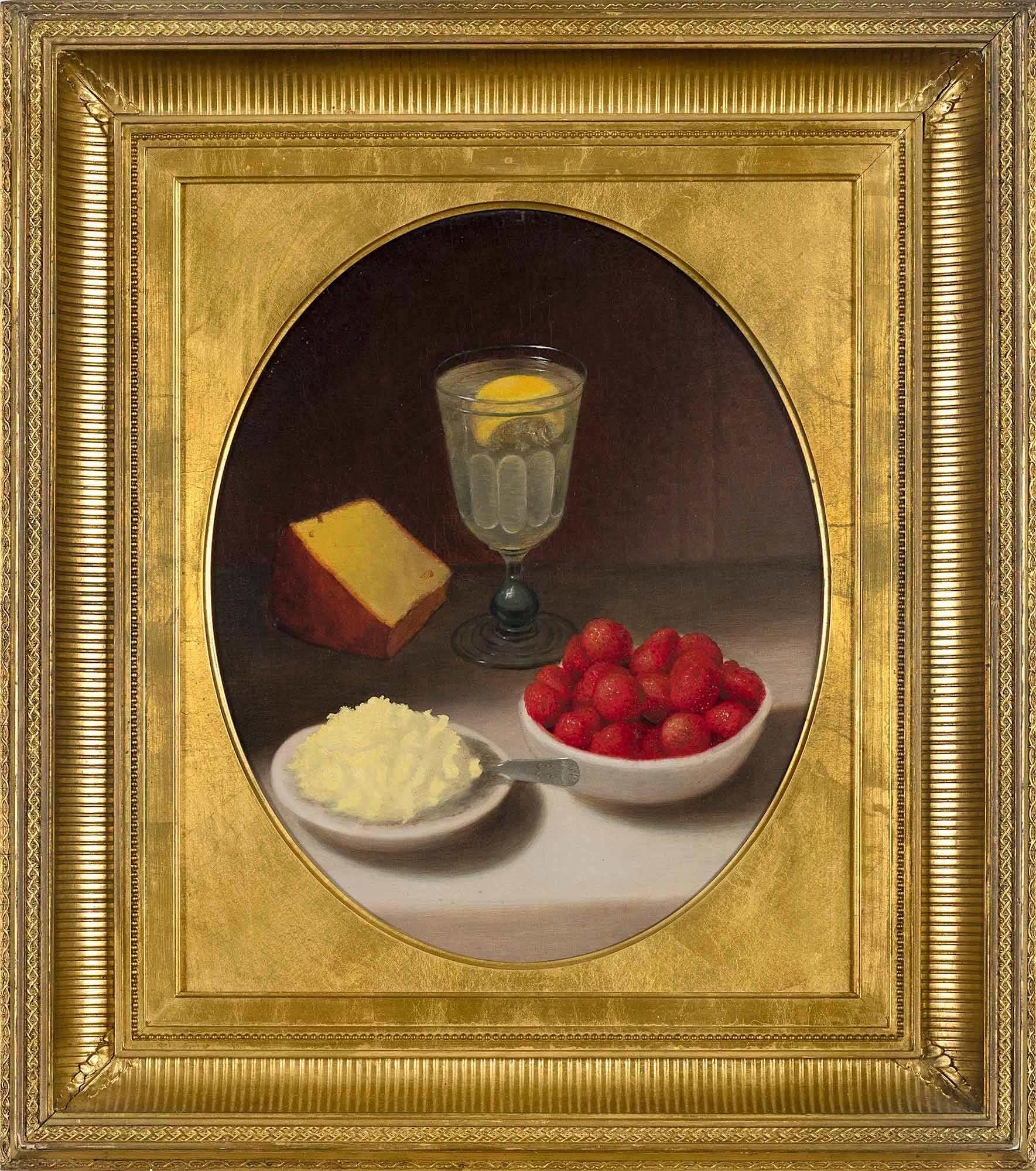 American 19th Century Primitive Still Life Oval Painting, in Gilt Frame, 25 x 22 1/2 inches framed