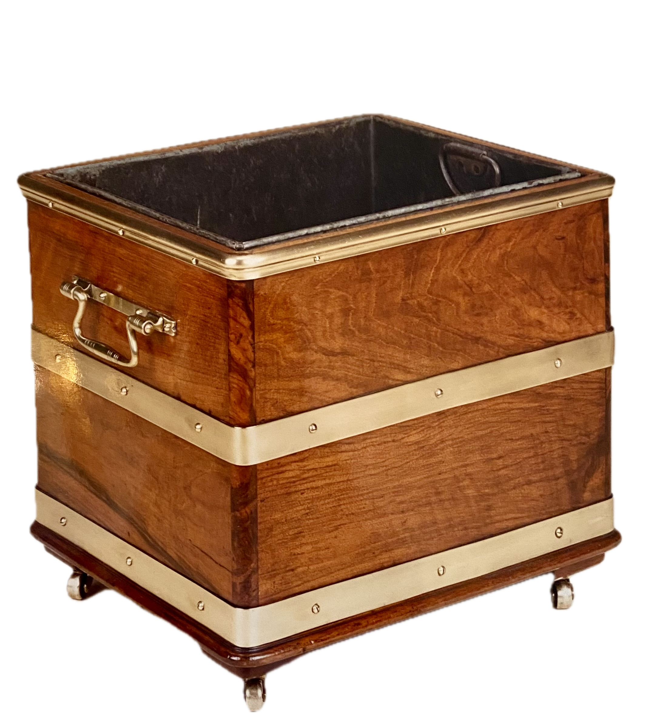 Fine Rectangular Brass Banded Wood Log Bin, with Brass Handles, and Tole Liner, on Casters, 19th Century (17 ¾ inches wide x 15 inches deep x 16 inches high)