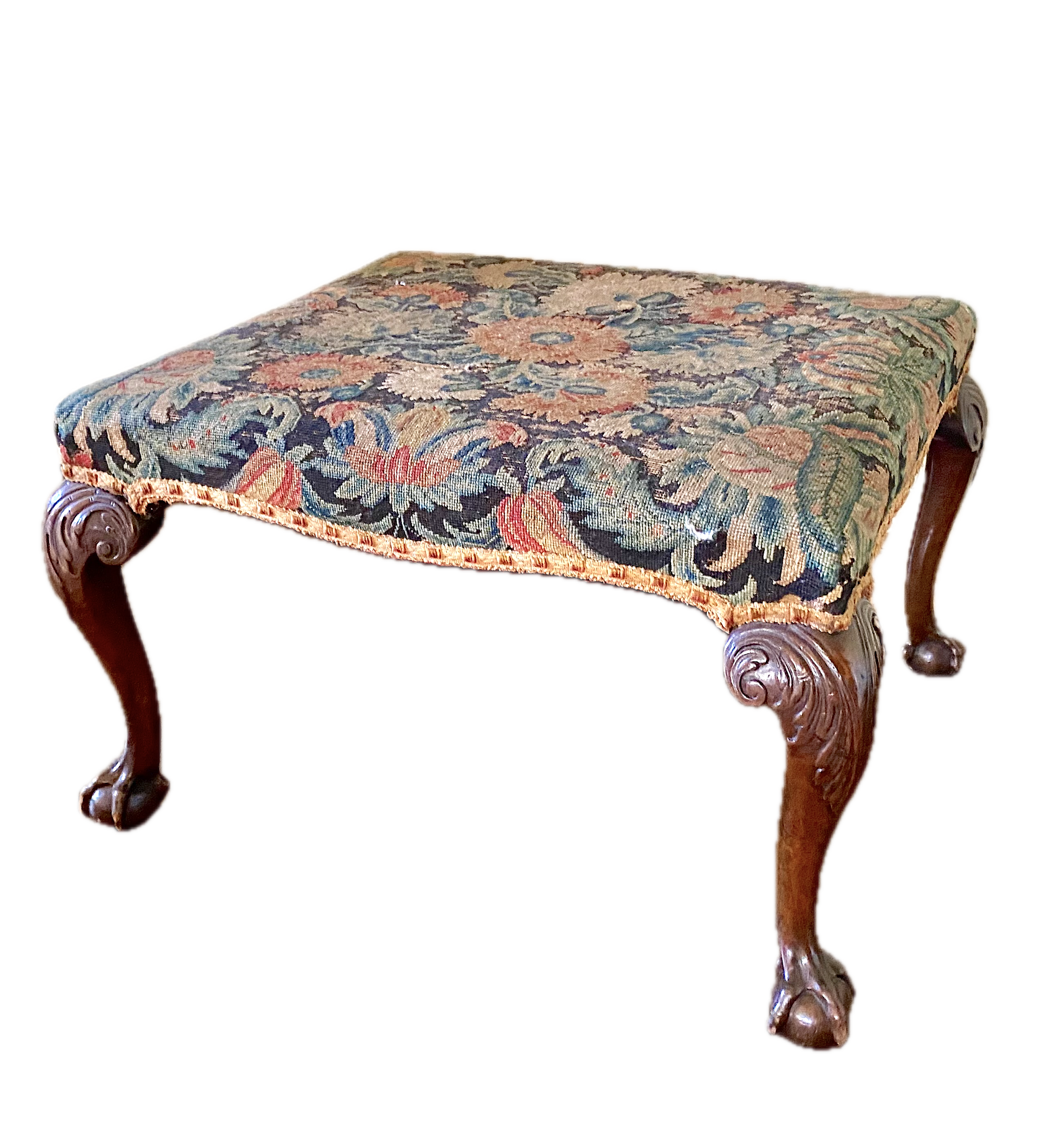 Large Scale George III Ball and Claw Cabriole Leg Mahogany Stool, Upholstered with Floral Gros Point, England, c. 1780 Provenance: Provenance: Christie’s Lot 202, 10/22/88; Philip Hewat-Jaboor, 1988