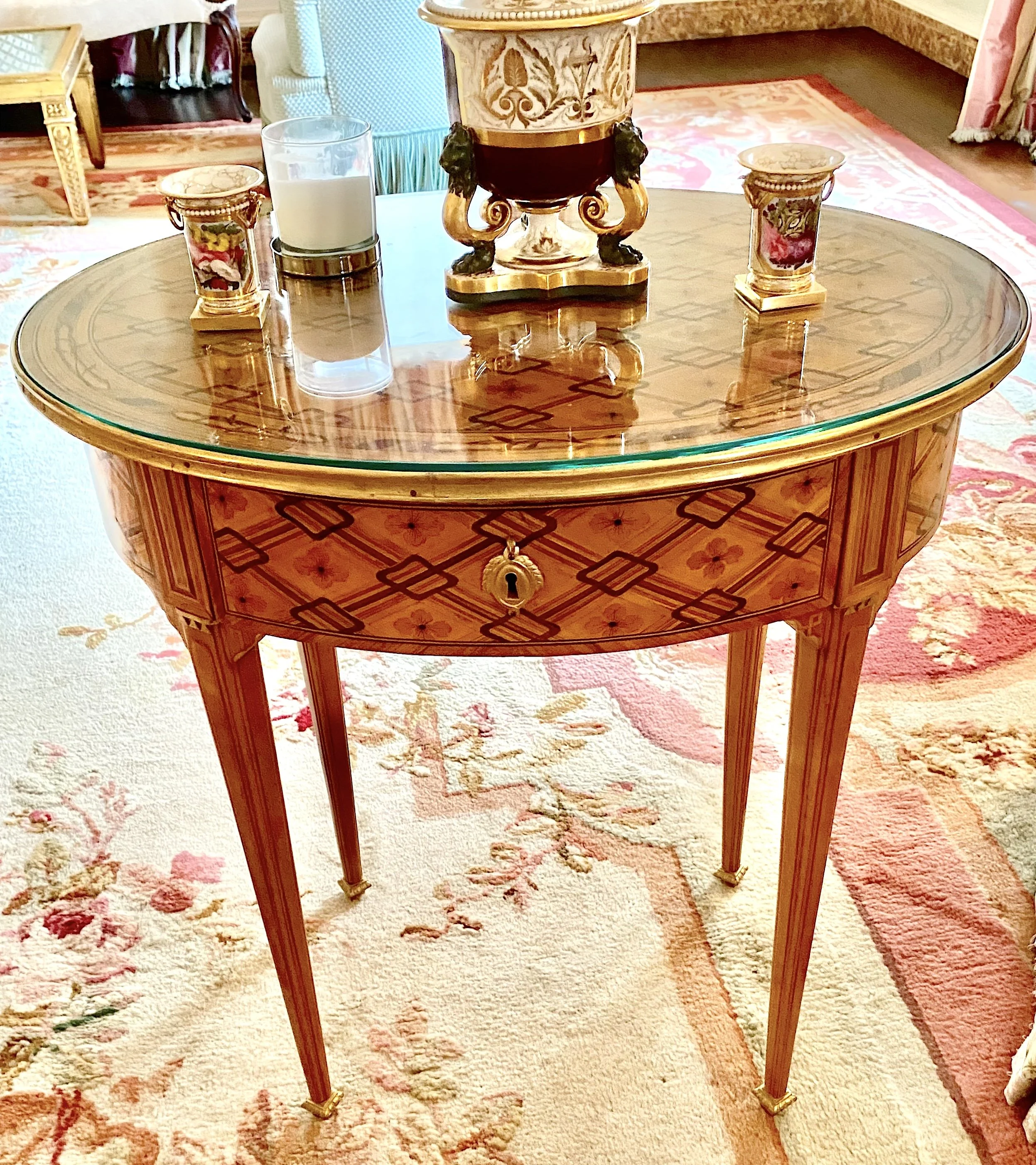 Louis XVI Citrus Wood, Boxwood, Tulipwood, & Tinted Wood Marquetry Oval Table, c. 1775 (27 ½ inches wide x 20 ½ inches deep x 30 inches high) Provenance: Perrin Antiquities, Paris, 1988