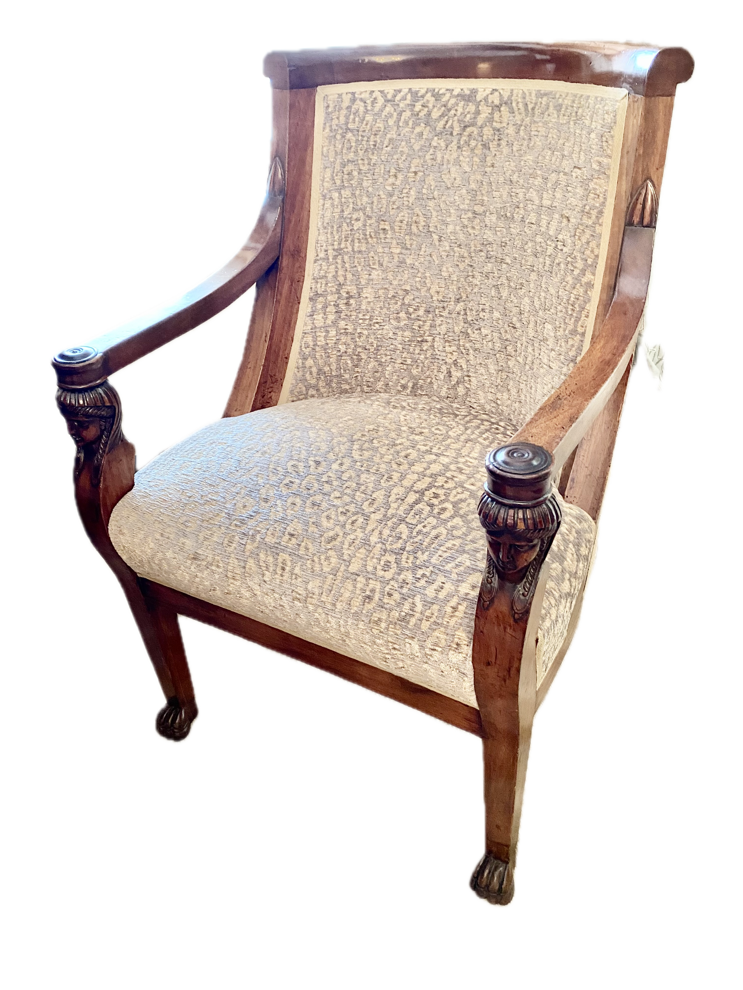 PAIR of Gutsy Mahogany Arm Chairs, Having Egyptian Classical Heads under the arm rests and lion paw feet, Early 19th Century Provenance: Parish- Hadley, New York, 11/27/88