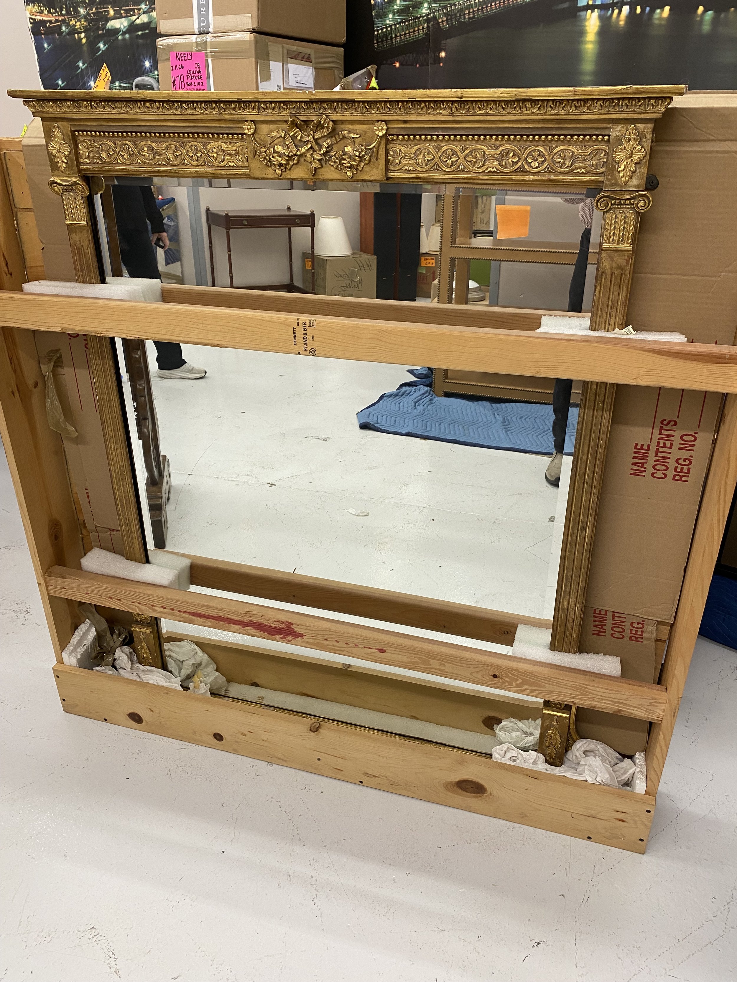 Fine Neoclassical Giltwood Overmantle Mirror, 18th/19th Century (crated)  
Size: 51 inches tall x 41 inches wide
