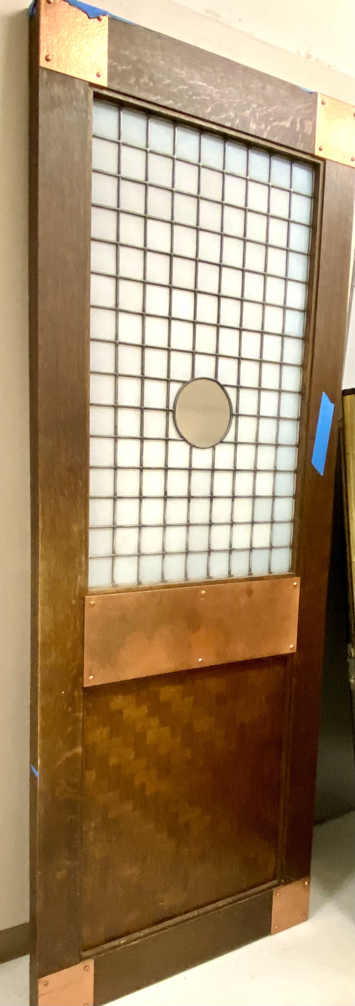 Stanford White Inspired Aesthetic Movement Wooden, Copper and Mullioned Glass Door
Size: 96 inches tall x 36 inches wide
