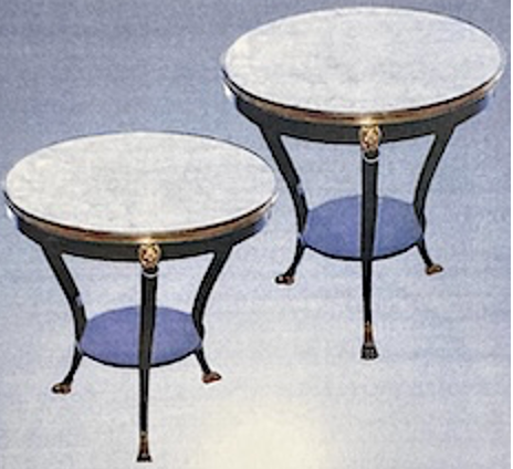 Maison Jansen (founded 1880)
Pair of Directoire Style Brass Mounted Ebonized Gueridon Tables, with
White Marble Tops Surrounded by Brass Galleries, Stamped “Jansen”
France, Mid 20th Century (26” D x 28”H)
Provenance: Florian Papp, NY, 6/30/2008