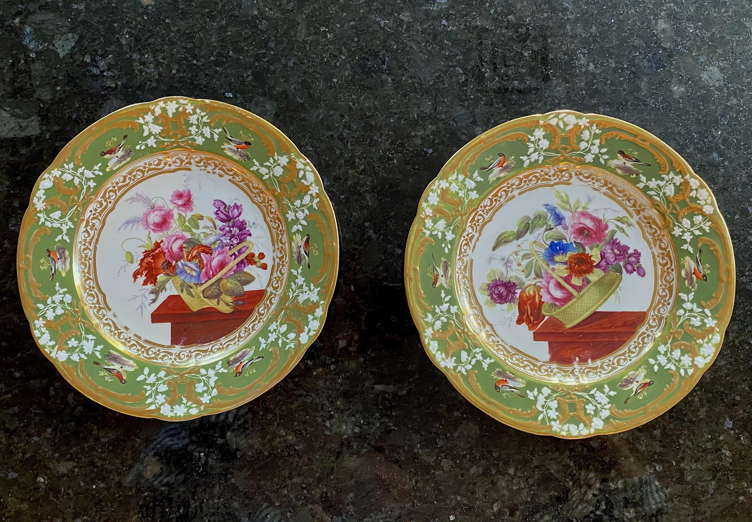 18 Piece Unusual Hand Painted Coalport Moss Green Part Dessert Service, John Rose & Co, England, c. 1820-1825; Provenance: Sotheby’s NY, 10/16/87, Lot 370; Christie’s London, 2/9/81, Lot 11; Sotheby’s London, 3/12/74, Lot 181
