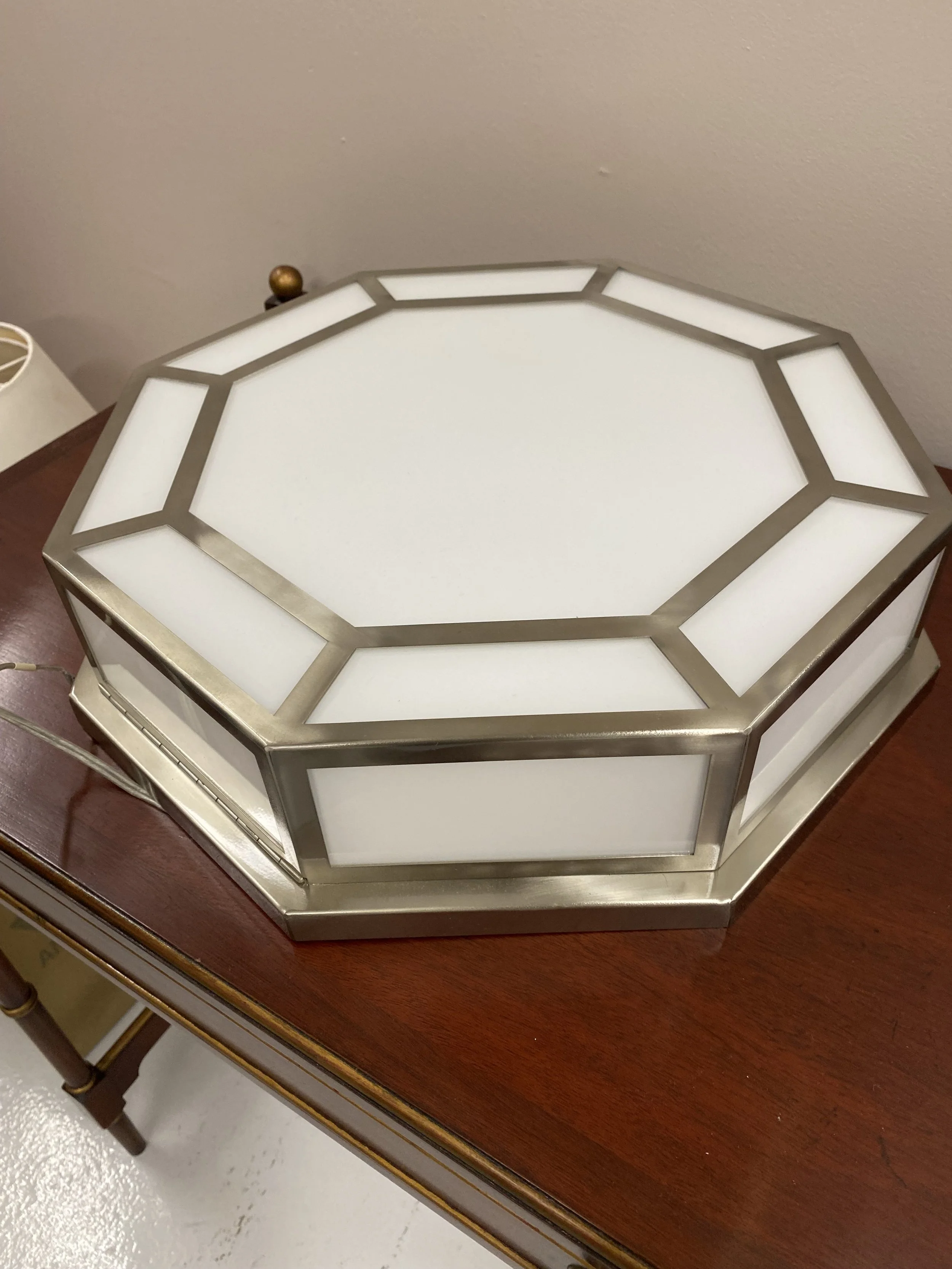 Vaughan “Catskill” Model Nickel and Milk Glass Octagonal Flush Ceiling Light
Size:  17 inches diameter
