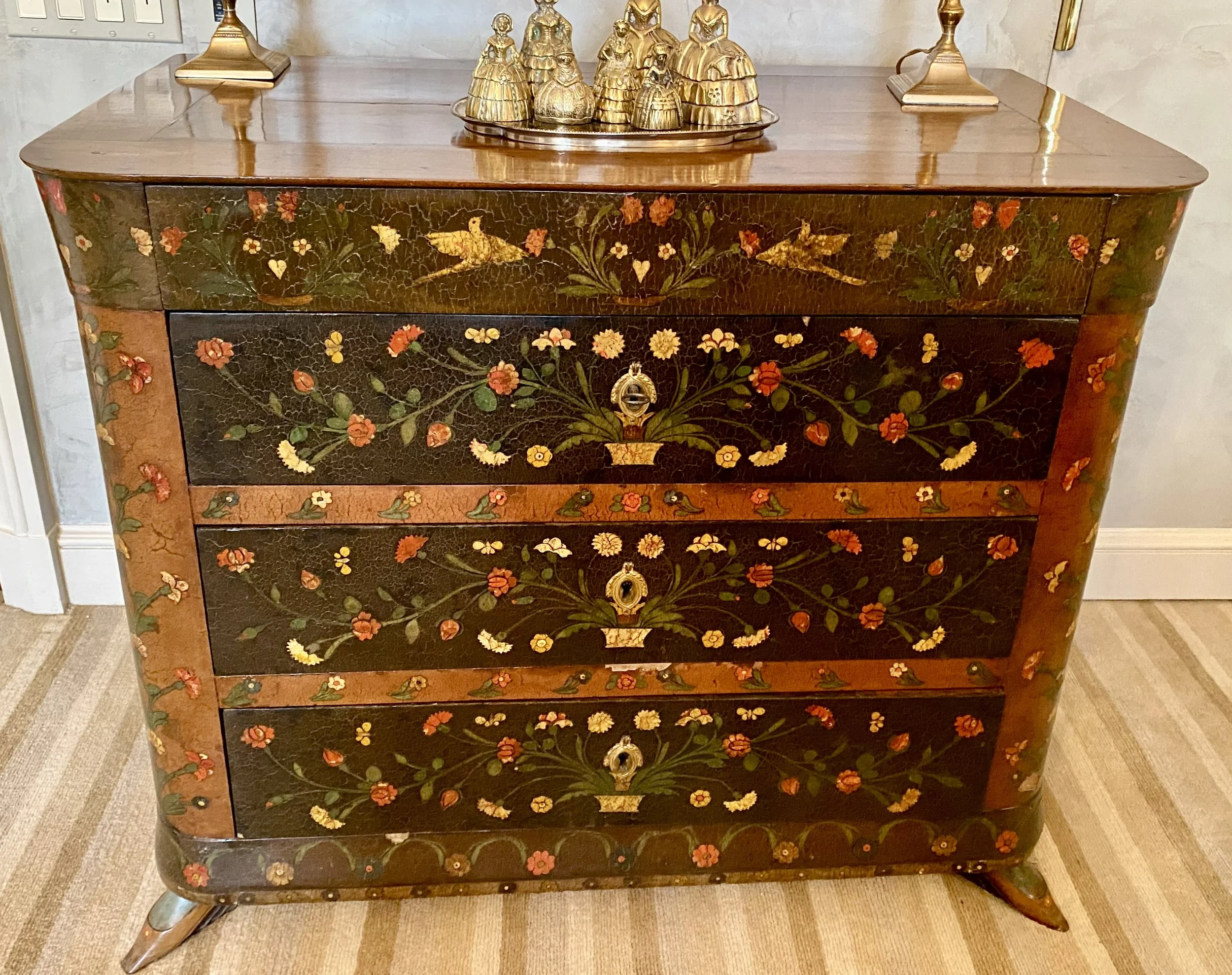Rare Polychrome Painted Floral and Bird Décor Chest of Drawers, with Walnut Top, and Unusual ‘Lady Slipper’ Extending Feet, Possibly Swiss or French, Dating to the 19th Century (41 inches wide x 20 ½ inches deep x 33 ½ inches high) Provenance: Philip