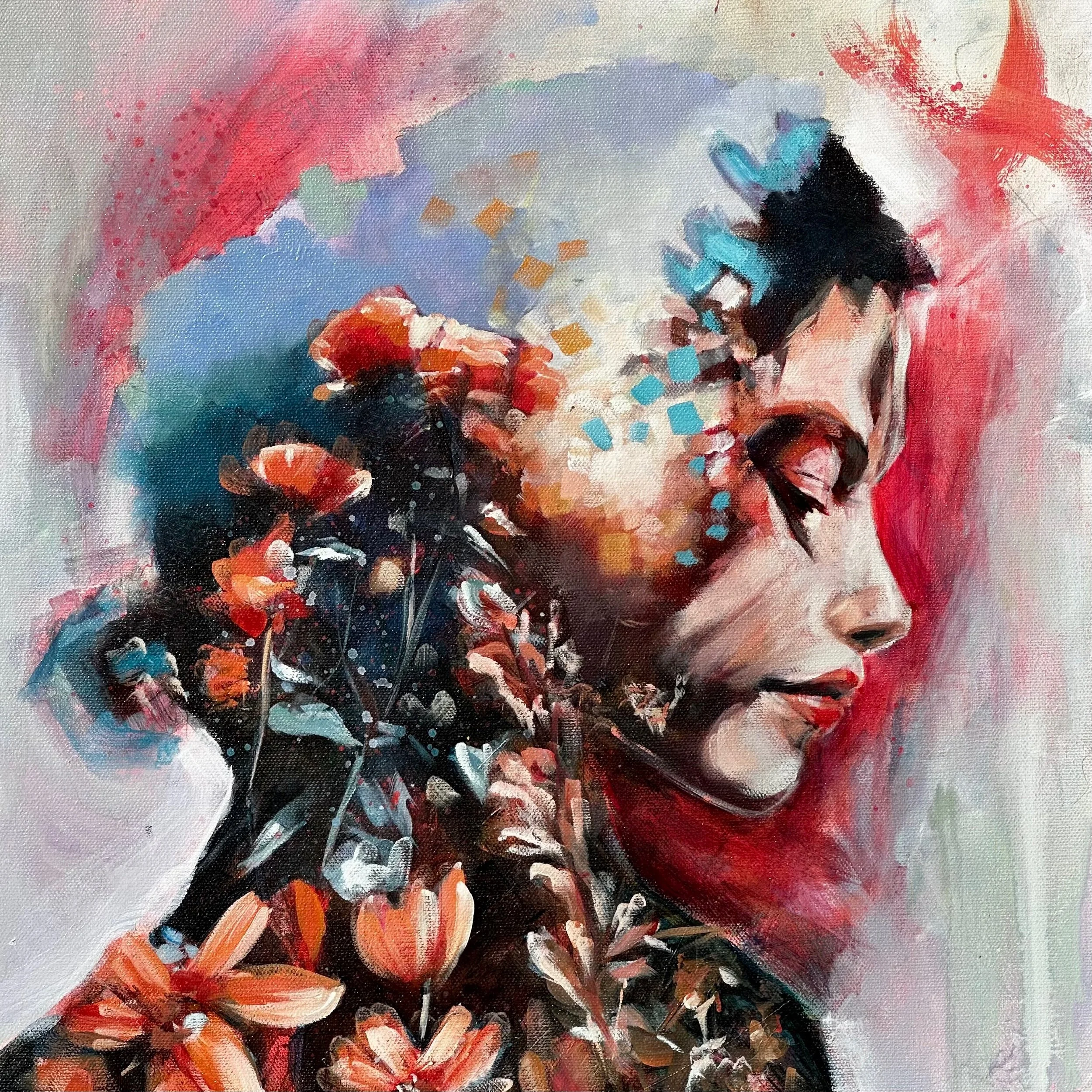 A watercolor-style painting of a woman with her eyes closed, surrounded by flowers and abstract colorful patterns.