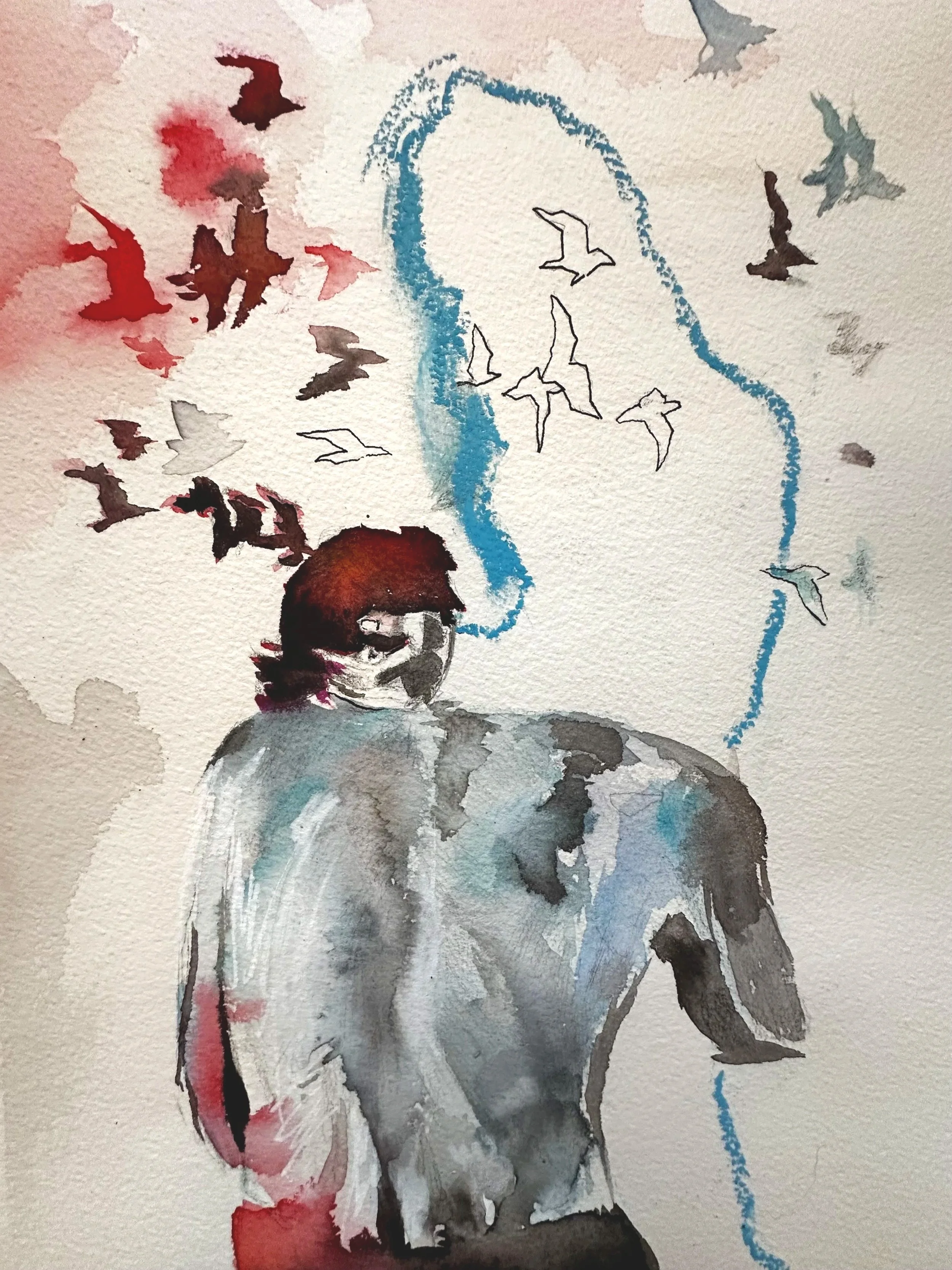 Watercolor painting of a person viewed from the back with birds flying around their head and a blue line outlining a face profile.
