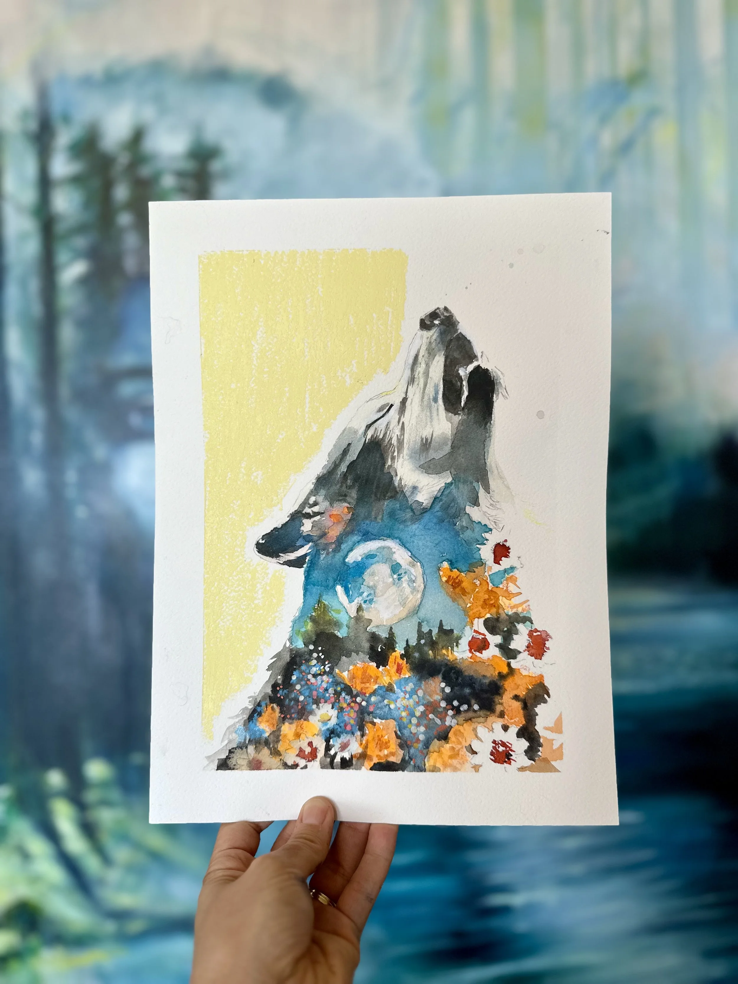 A watercolor painting of a howling wolf with a full moon, trees, and colorful abstract elements.