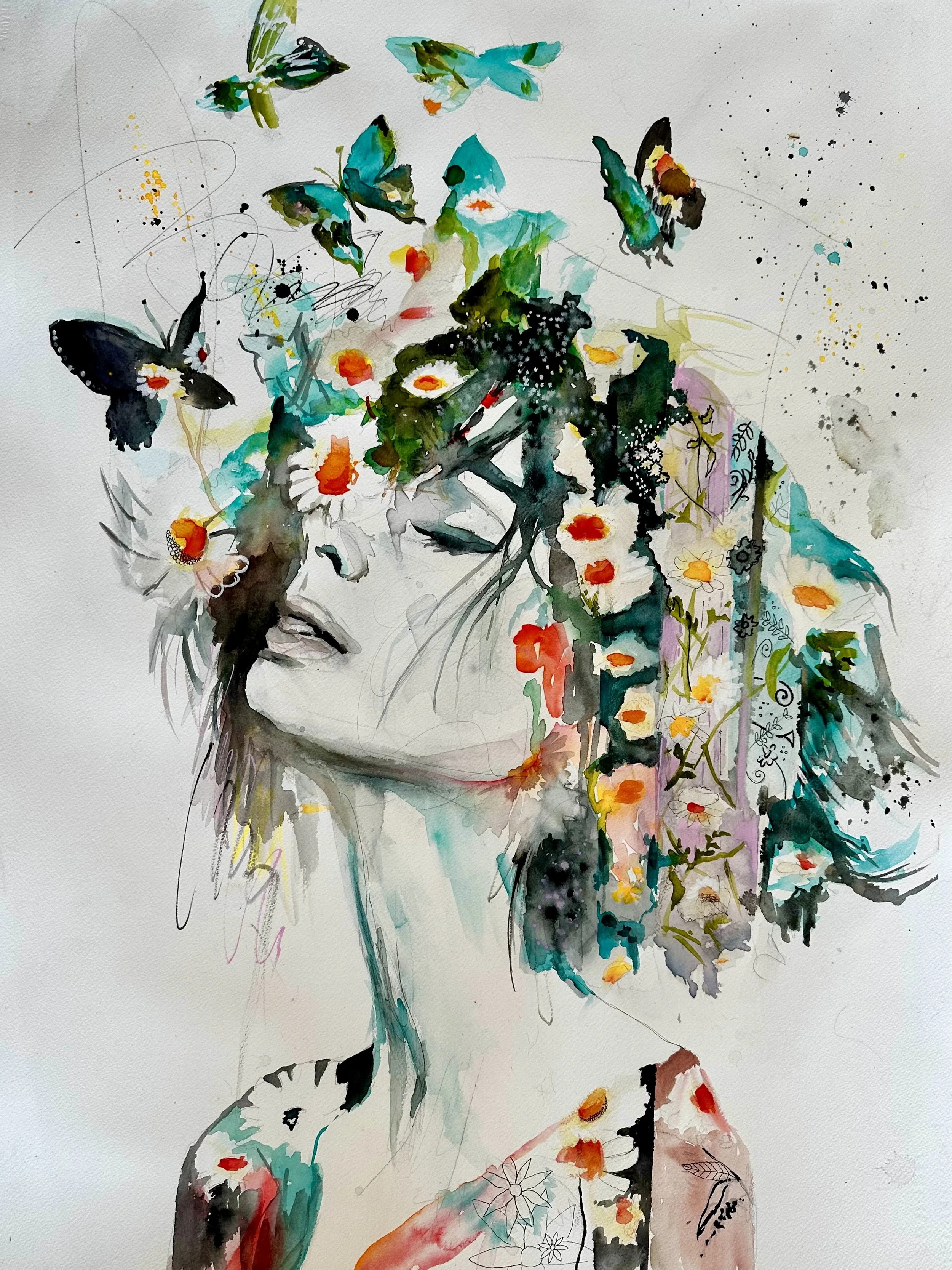 Watercolor painting of a woman with surrounded by colorful butterflies, flowers, and abstract elements.