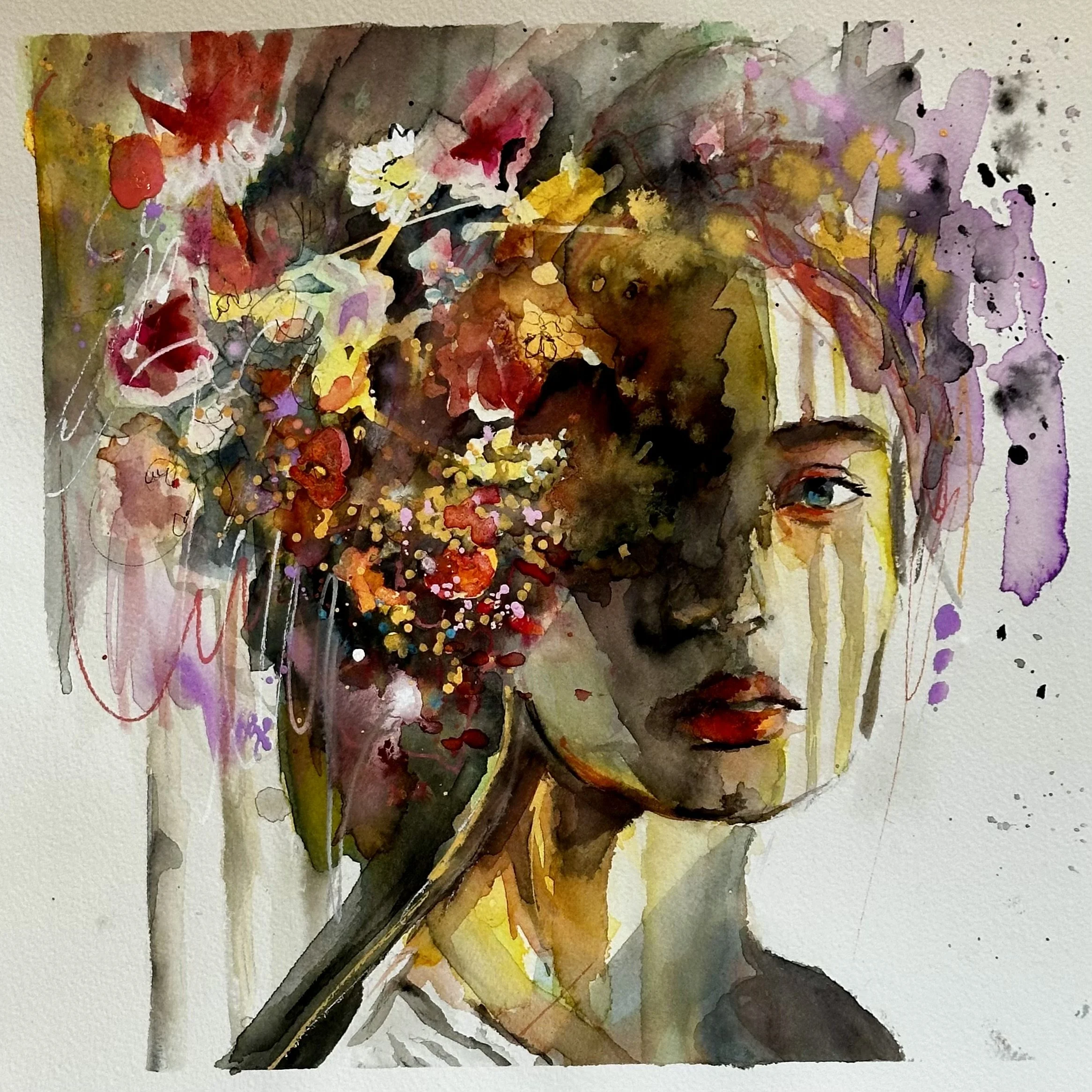 A watercolor painting of a woman with floral and abstract elements blending into her hair and background. The woman has a contemplative expression, with a focus on her face and lips, and colorful splashes of paint surrounding her head.
