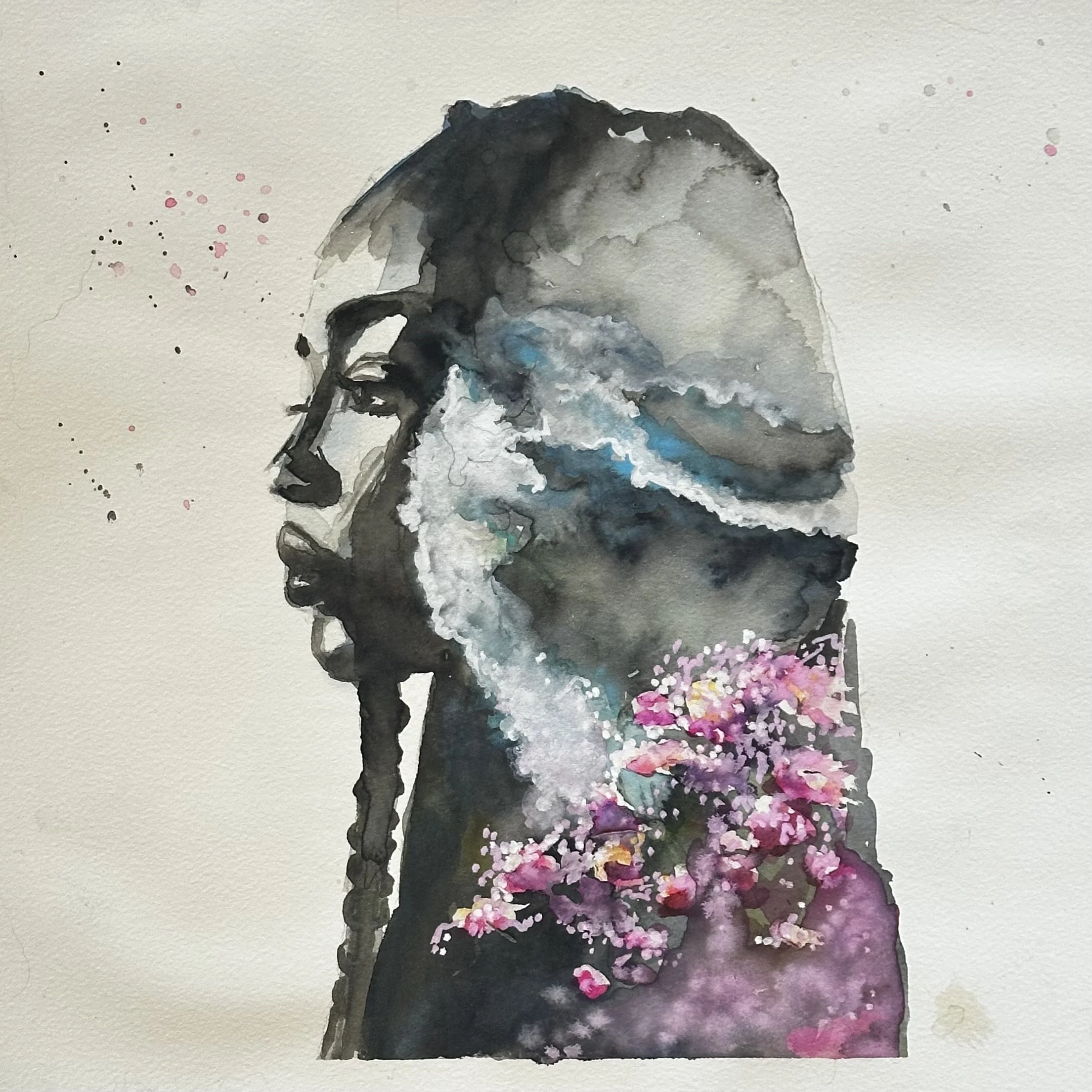 Watercolor painting of a woman's silhouette with her profile showing. The profile includes a cloudy sky, flowing water, and pink flowers blending into her shoulder.