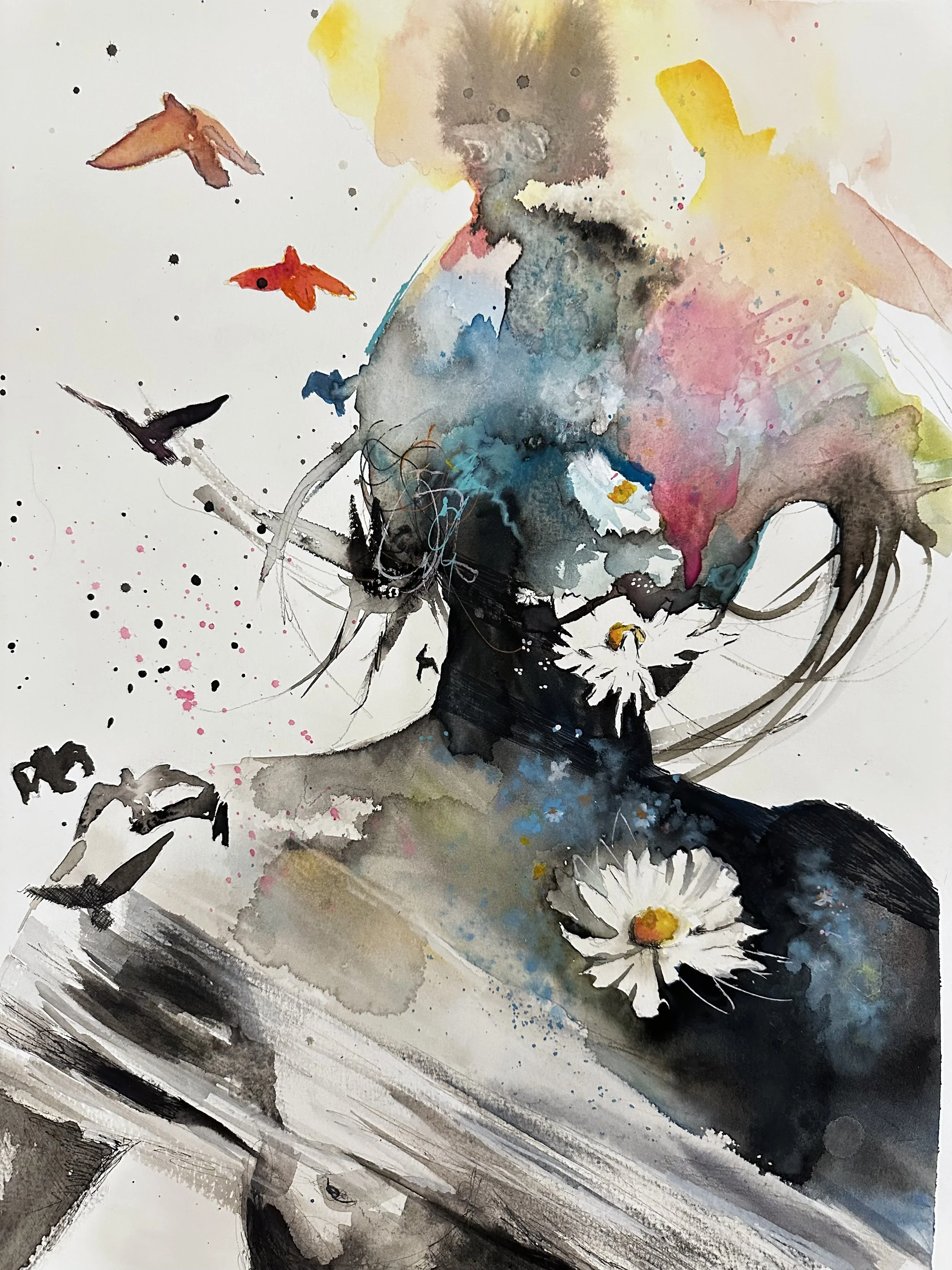Watercolor painting of a woman's face with daisies in her hair, surrounded by colorful birds flying, in an abstract, expressive style.