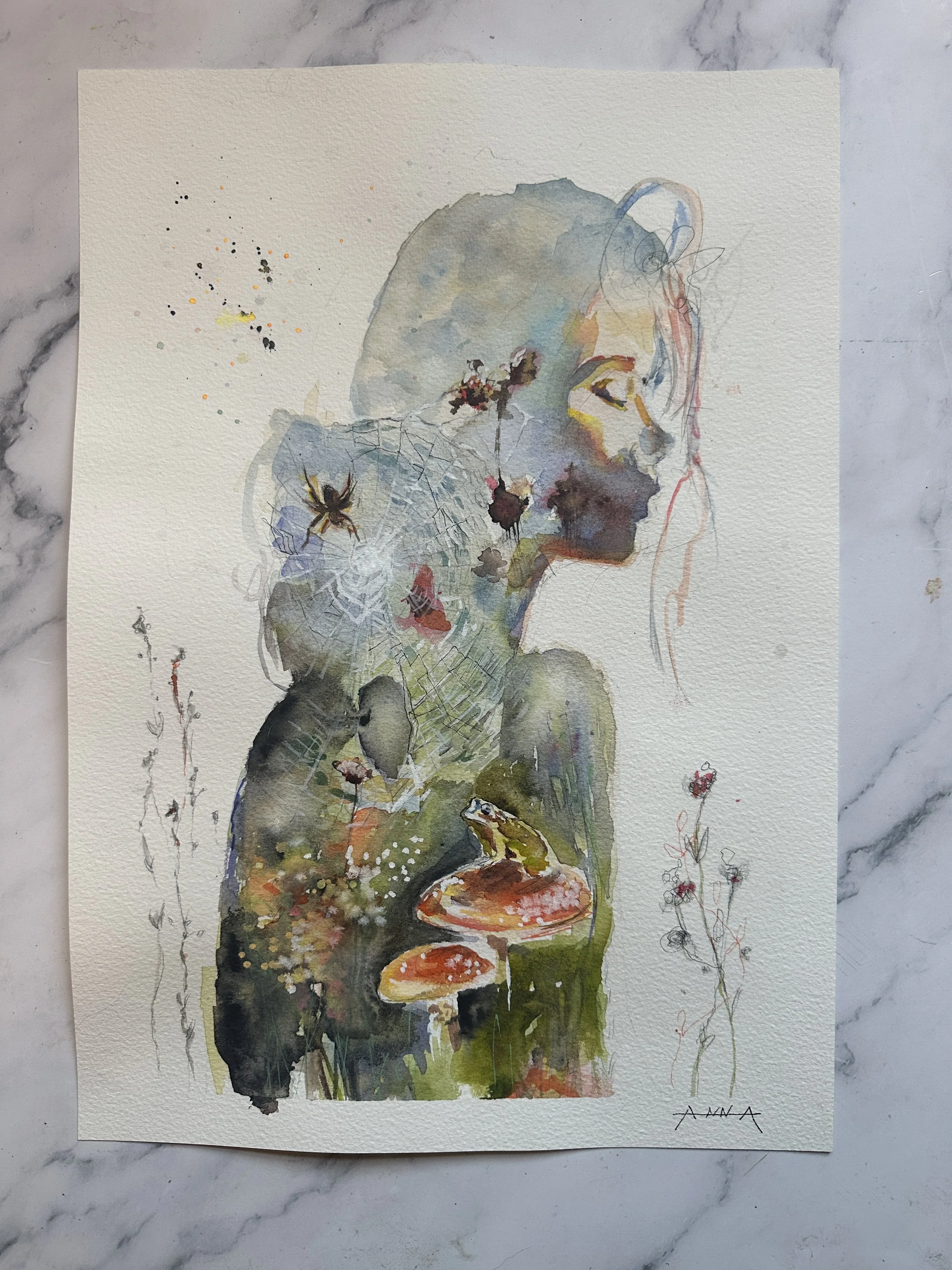 Watercolor painting of a woman's silhouette with flowers, a spider, mushrooms, and abstract details, signed 'ANA' at the bottom right.
