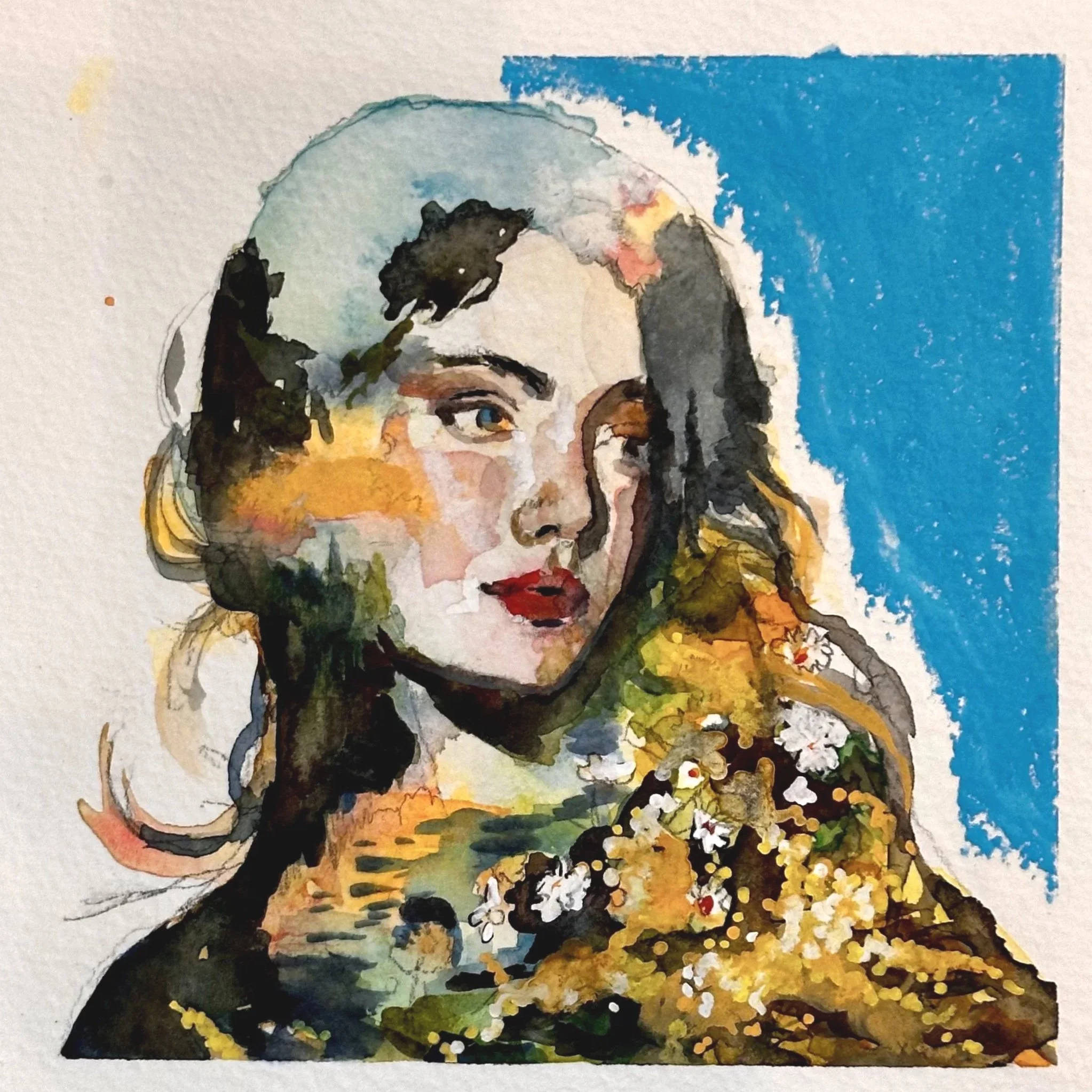 Watercolor painting of a woman with dark hair, red lips, and floral details on her clothing, against a bright blue background.