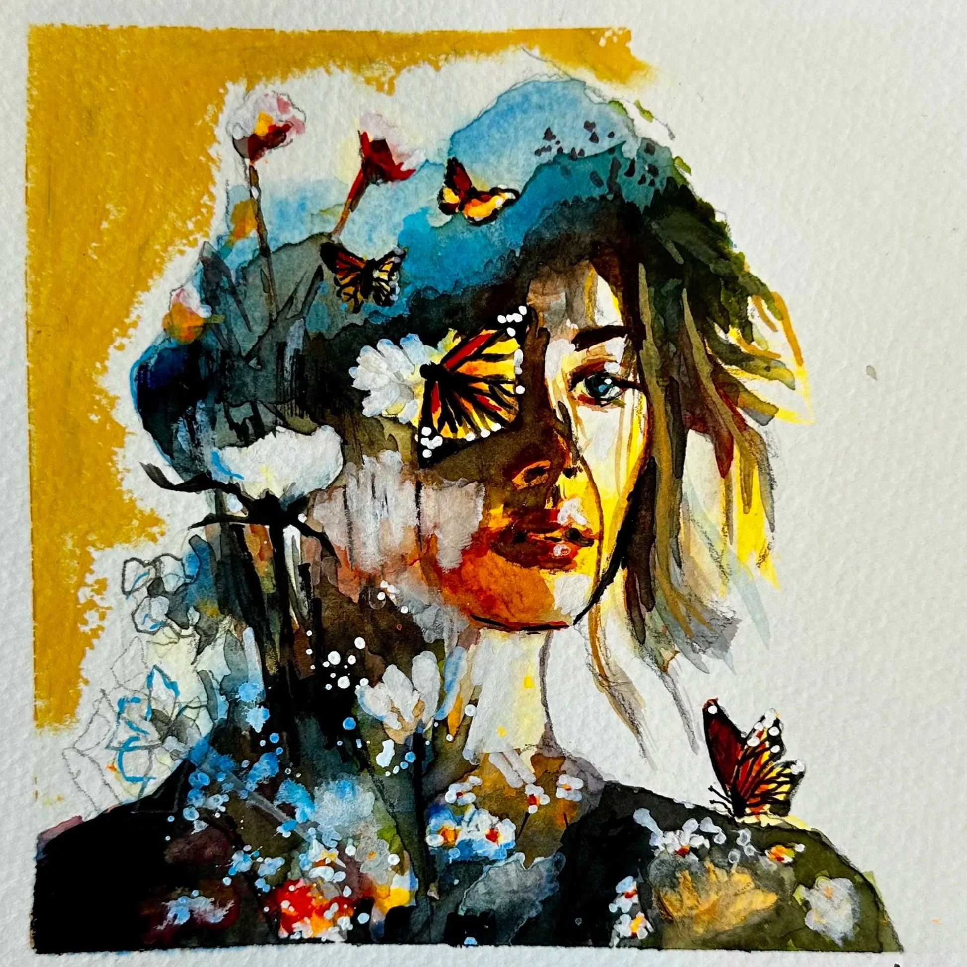 Watercolor painting of a woman's face surrounded by butterflies and flowers, with a golden-yellow background.