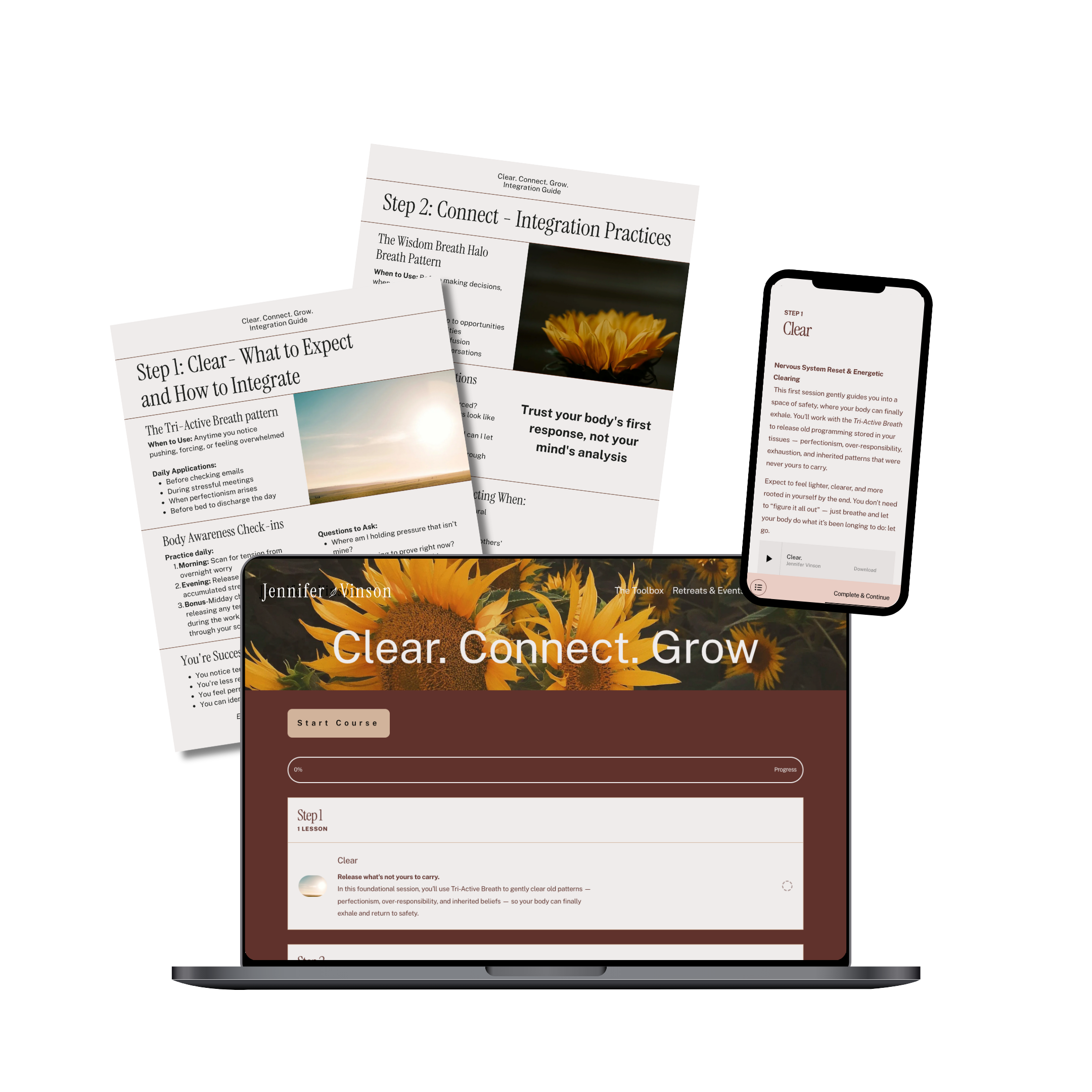 Digital course titled "Clear. Connect. Grow" by Jennifer Vinson displayed on a laptop, with various printed worksheets and a smartphone showing an audio lesson in the background.