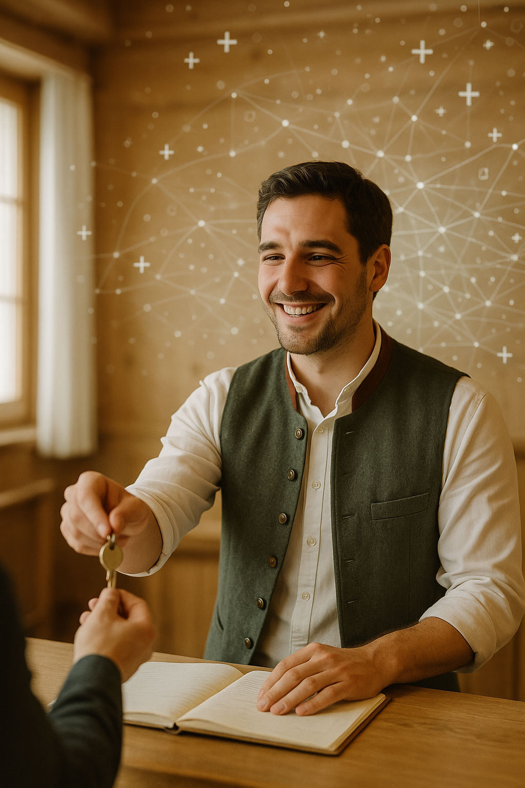 Mann in traditioneller Kleidung übergibt Schlüssel an eine andere Person im Gespräch, im Hintergrund eine Wand mit digitalem Netzwerk-Design.