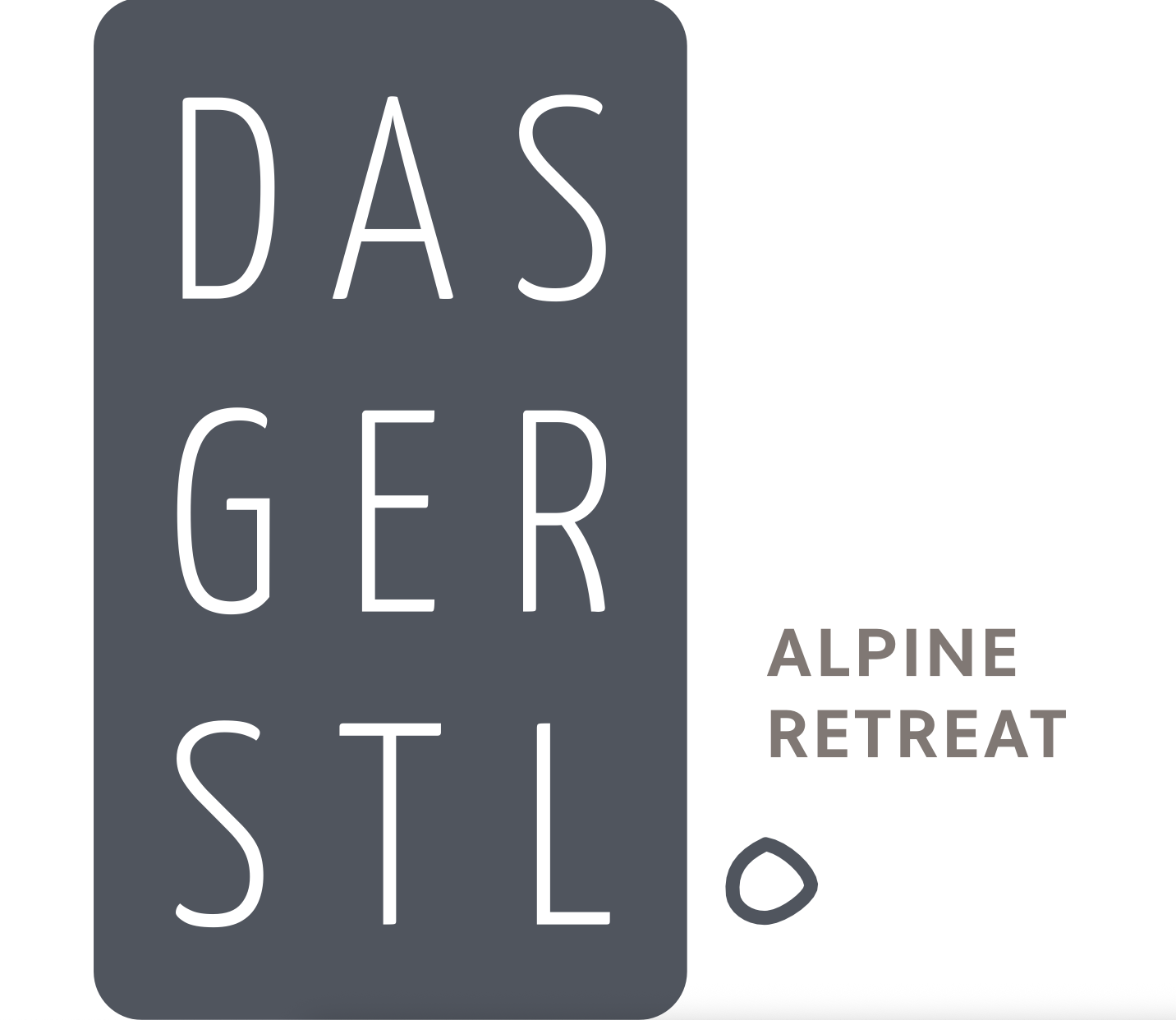 Hotel-Logo mit dem Text 'Das Gerstl' in Weiß auf dunkelgrauem Hintergrund und 'Alpine Retreat' in grau auf weißem Hintergrund.