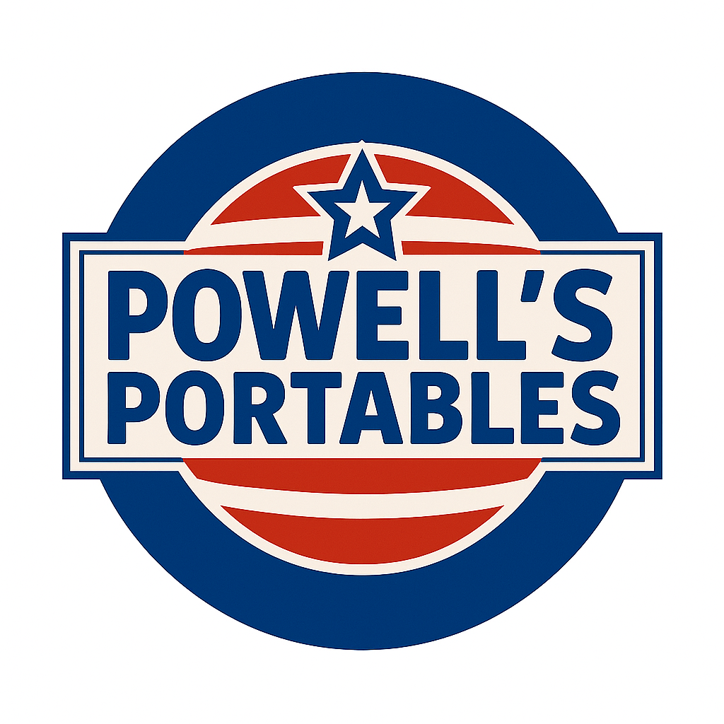 A logo for Powell's Portables featuring a blue circle with a white and red star at the center, surrounded by red and white stripes, and the company name in bold blue letters.
