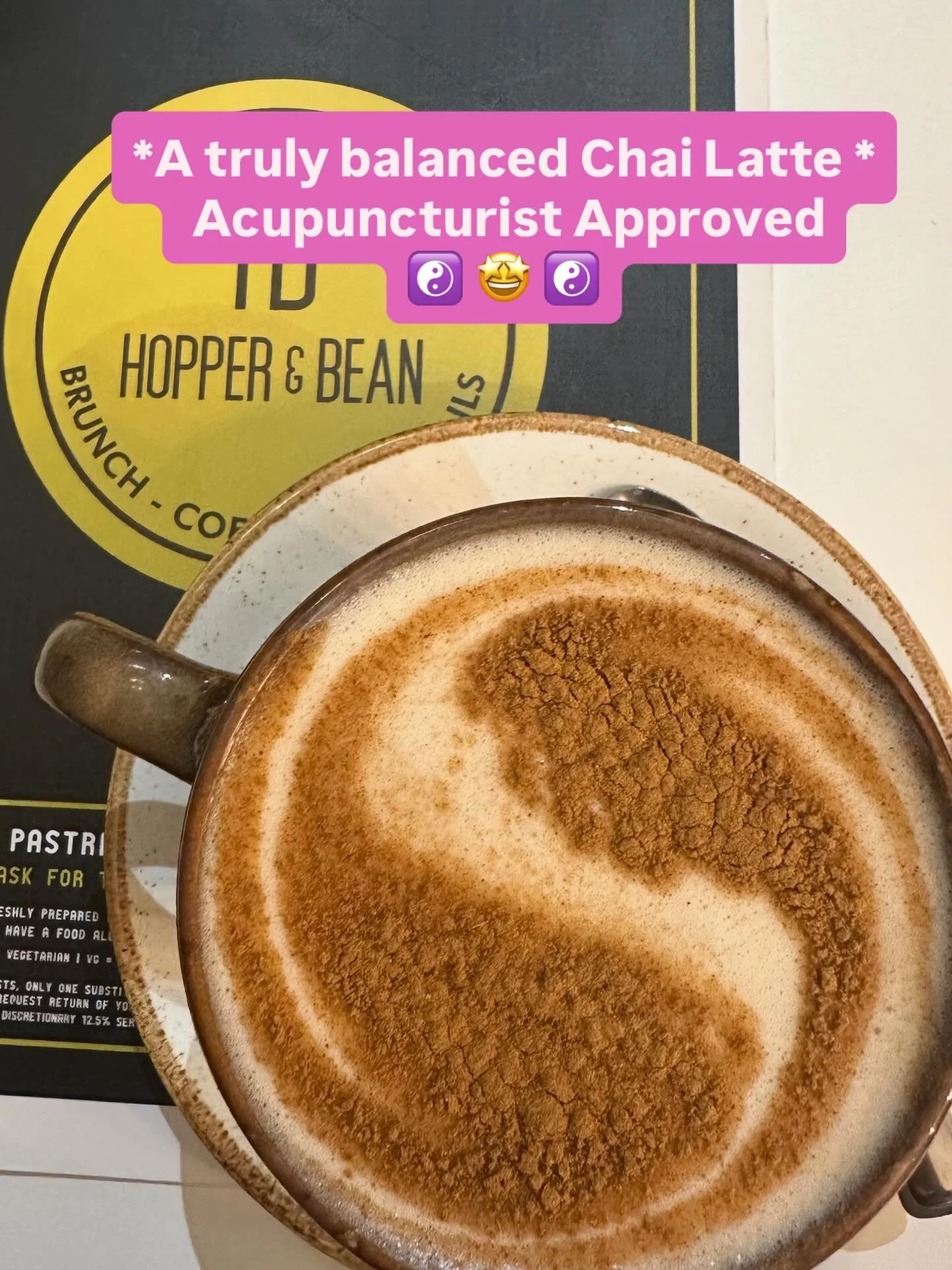 A truly balanced chai latte for an acupuncturist. ☯️☕️. 

Thank you @hopperandbean&hellip;so lovely&hellip;I ordered two!! 

My Yin Yang Chai Latte is the perfect reminder of what I focus on in clinic: helping the body return to balance. 

In Traditi
