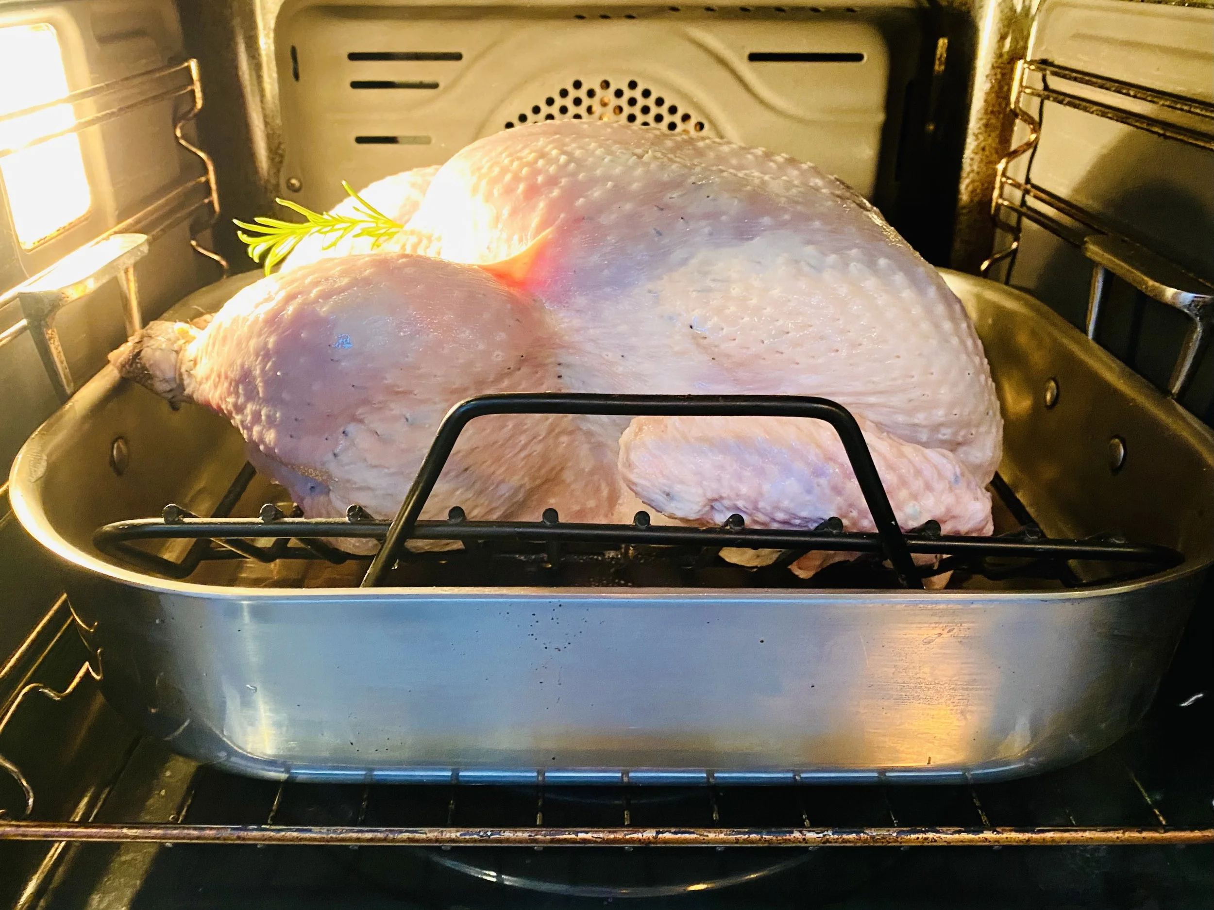 Whole raw turkey inside an oven on a roasting rack with a sprig of herbs for The Best Turkey Recipe Ever from NRQi Studio.