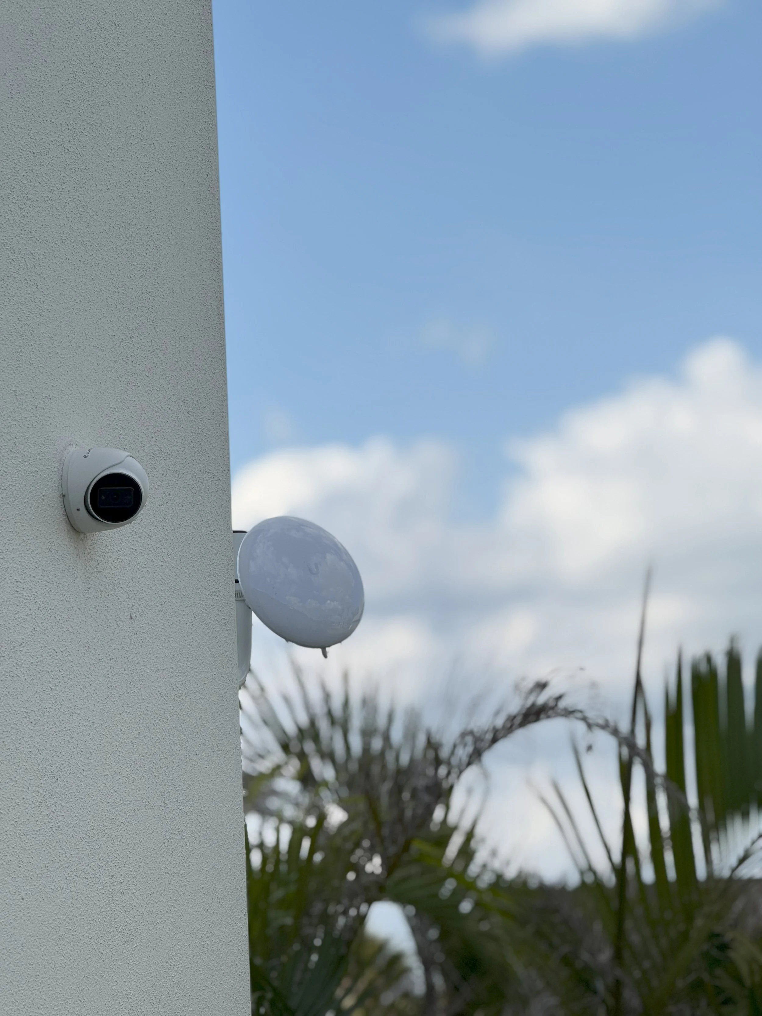 An outdoor security camera and a light fixture mounted on a white textured wall with a background of blue sky, white clouds, and palm tree leaves.