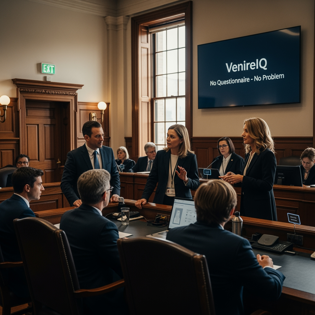 Attorneys in court using VenireIQ during live voir dire