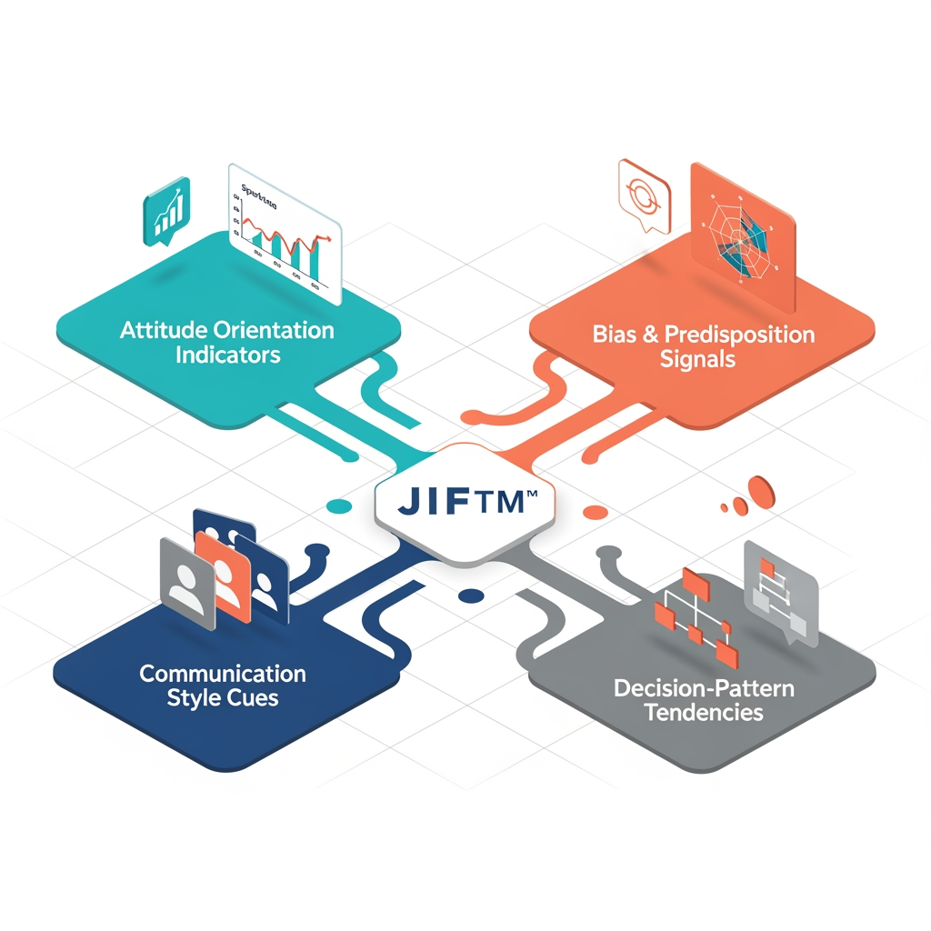 JIF layers infographic for attitude, bias, communication style, and decision pattern tendencies