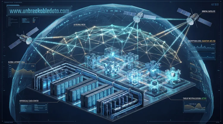UnbreakableData cyber defense concept art with AI mesh, satellites, and hyperscale data center