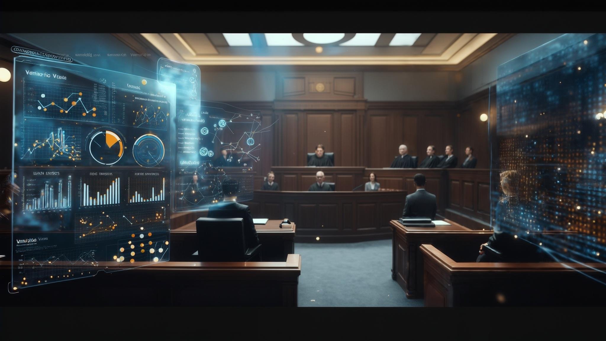 Wide courtroom scene with digital overlays for VenireIQ comparison
