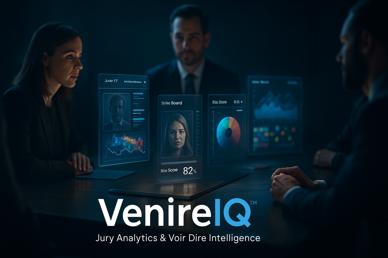 Trial team using VenireIQ analytics in a courtroom setting