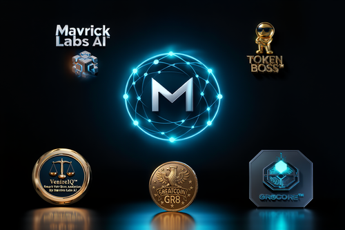 Mavrick Group ecosystem showing the central Mavrick Group identity with VenireIQ, Mavrick Labs AI, Token Boss, GR8CORE and GreatCoin GR8