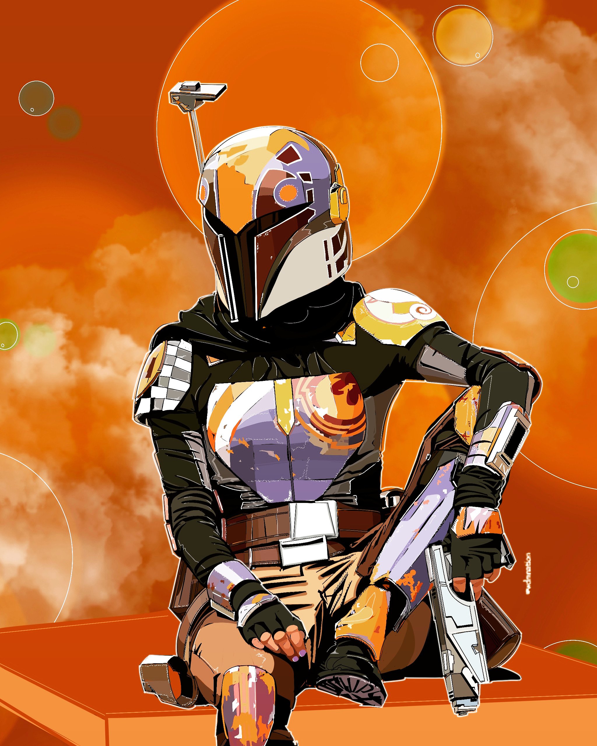 A stylized illustration of a character in a futuristic helmet with a visor, wearing armor with orange, yellow, and black accents, holding a gun, against an orange cloudy background with circles and orbits.