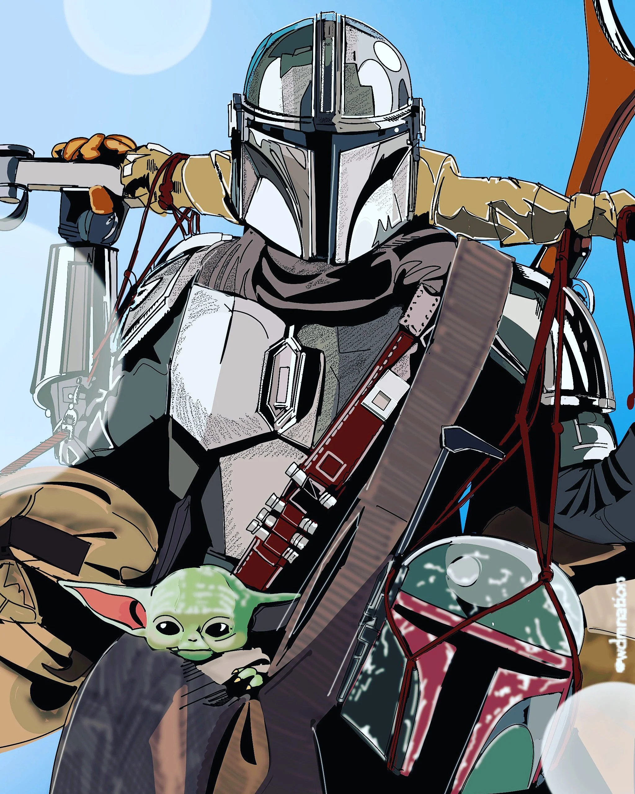 A drawing of the Mandalorian from Star Wars riding a speeder bike with a small green alien, Baby Yoda, peeking out from his side.