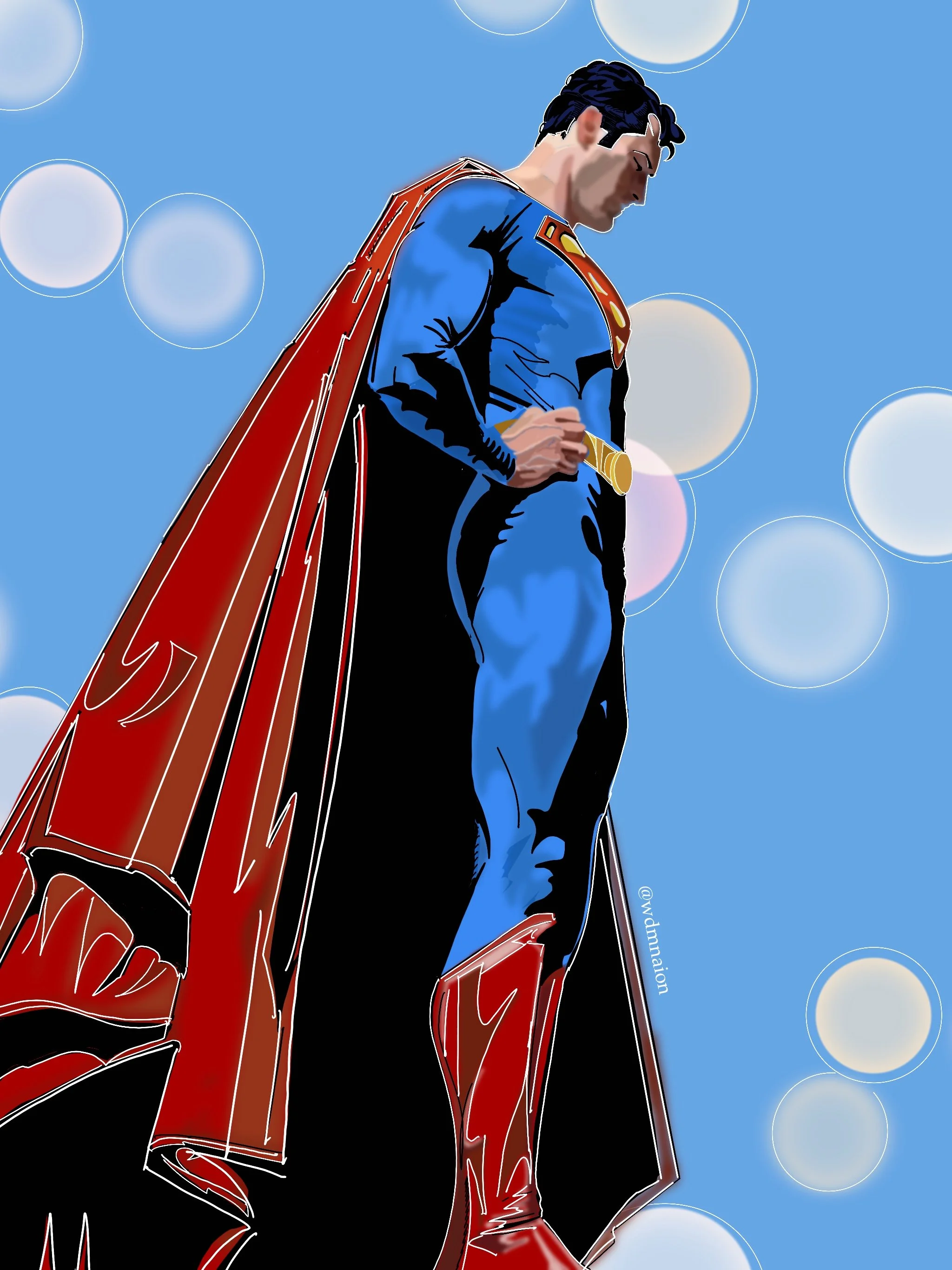 A comic-style illustration of Superman, in his iconic blue suit with red cape and boots, looking down with a serious expression against a blue background with white bubbles.