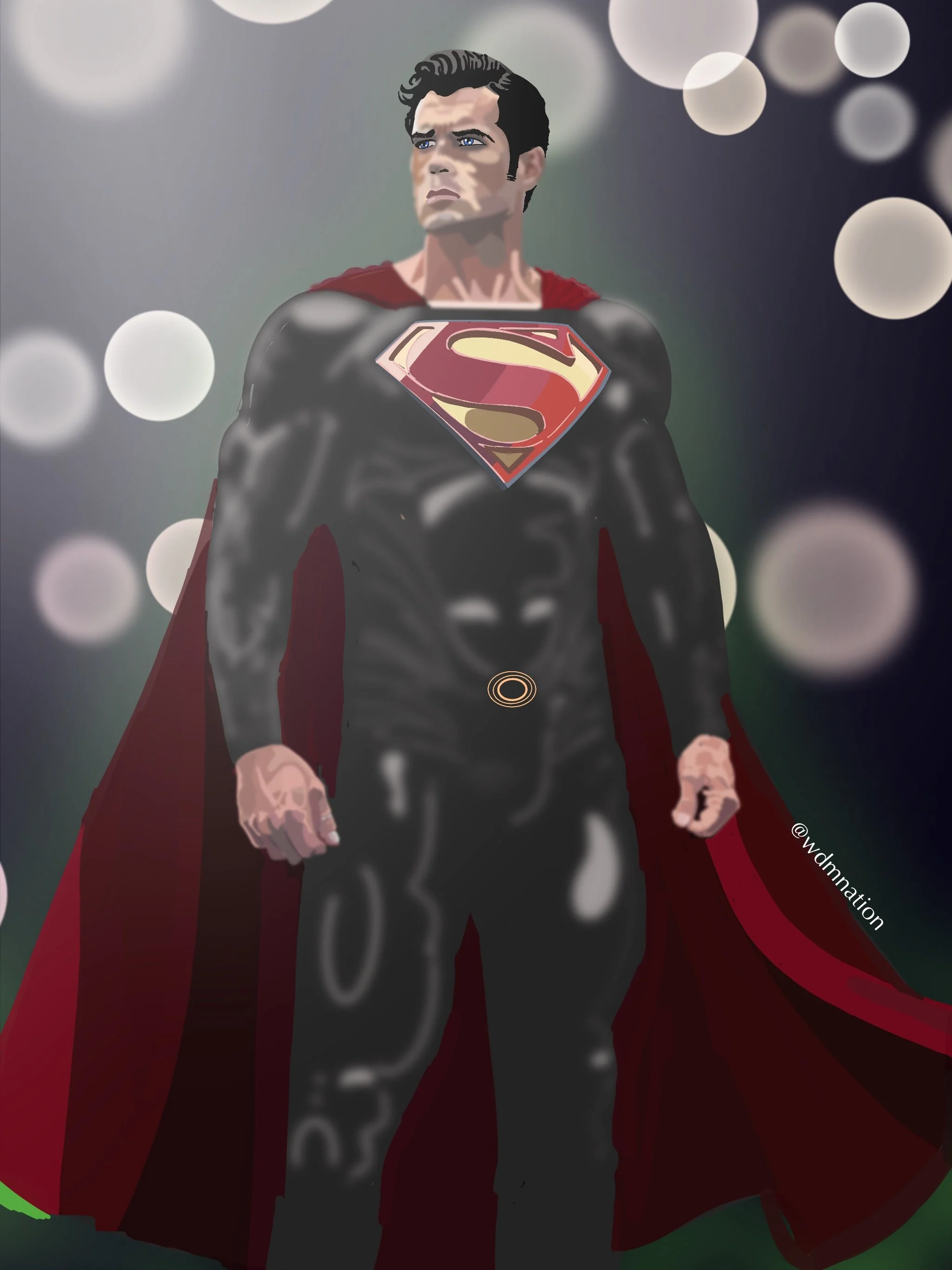A digital illustration of Superman standing in a heroic pose with a dark background featuring white bokeh lights, wearing his iconic red cape and black suit with the classic Superman emblem on his chest.