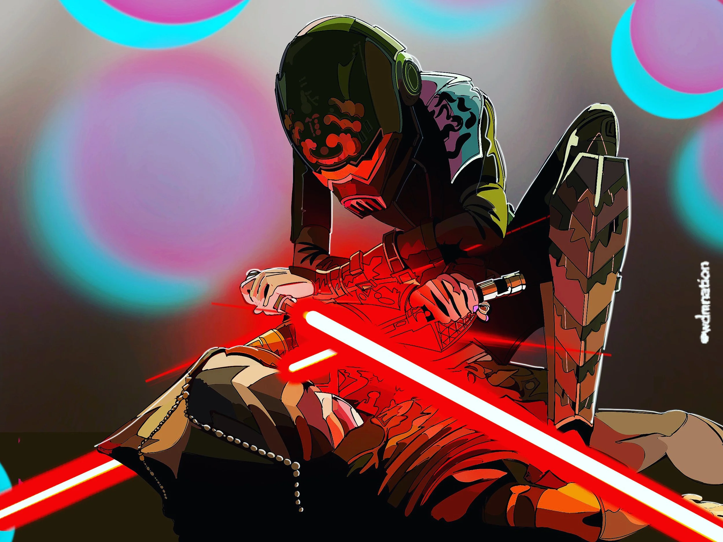 Illustration of a person with a helmet, sitting on a futuristic chair, holding a lightsaber, with neon laser lights crossing the scene, on a colorful abstract background.