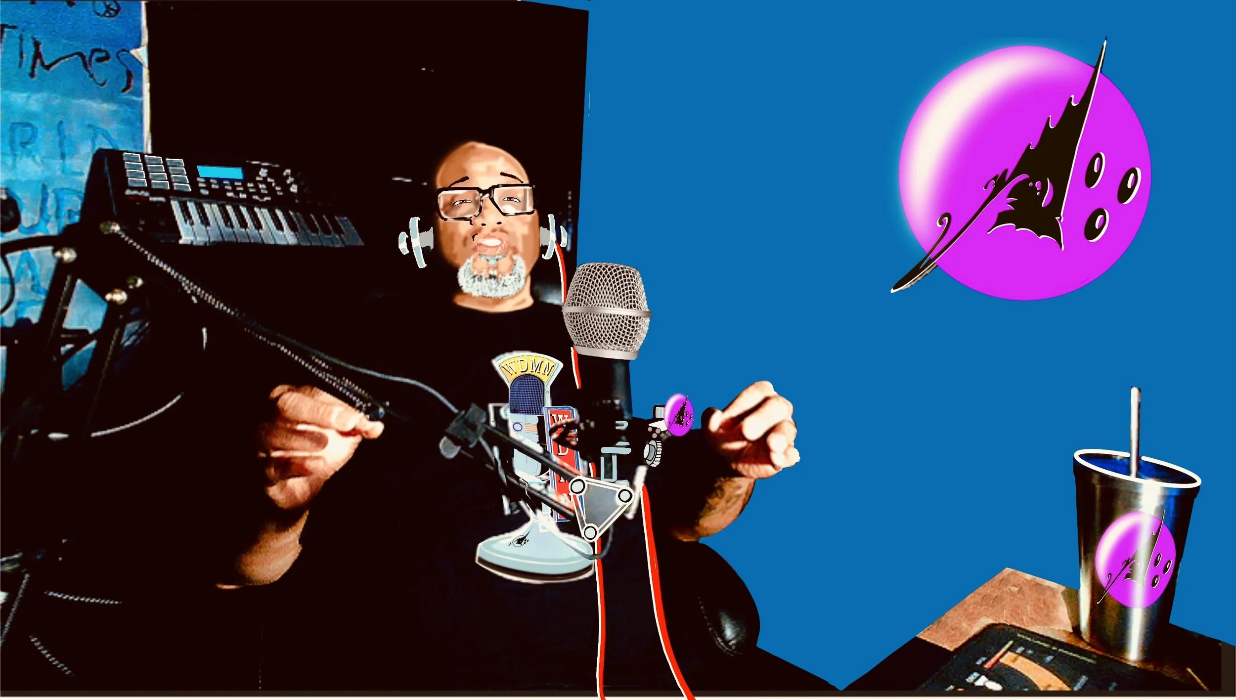 A man with glasses, headphones, and a gray beard is sitting in a room with a computer, microphone, and music equipment. The background has a blue textured wall, and there are purple circular logos with a stylized black airplane and four small circles